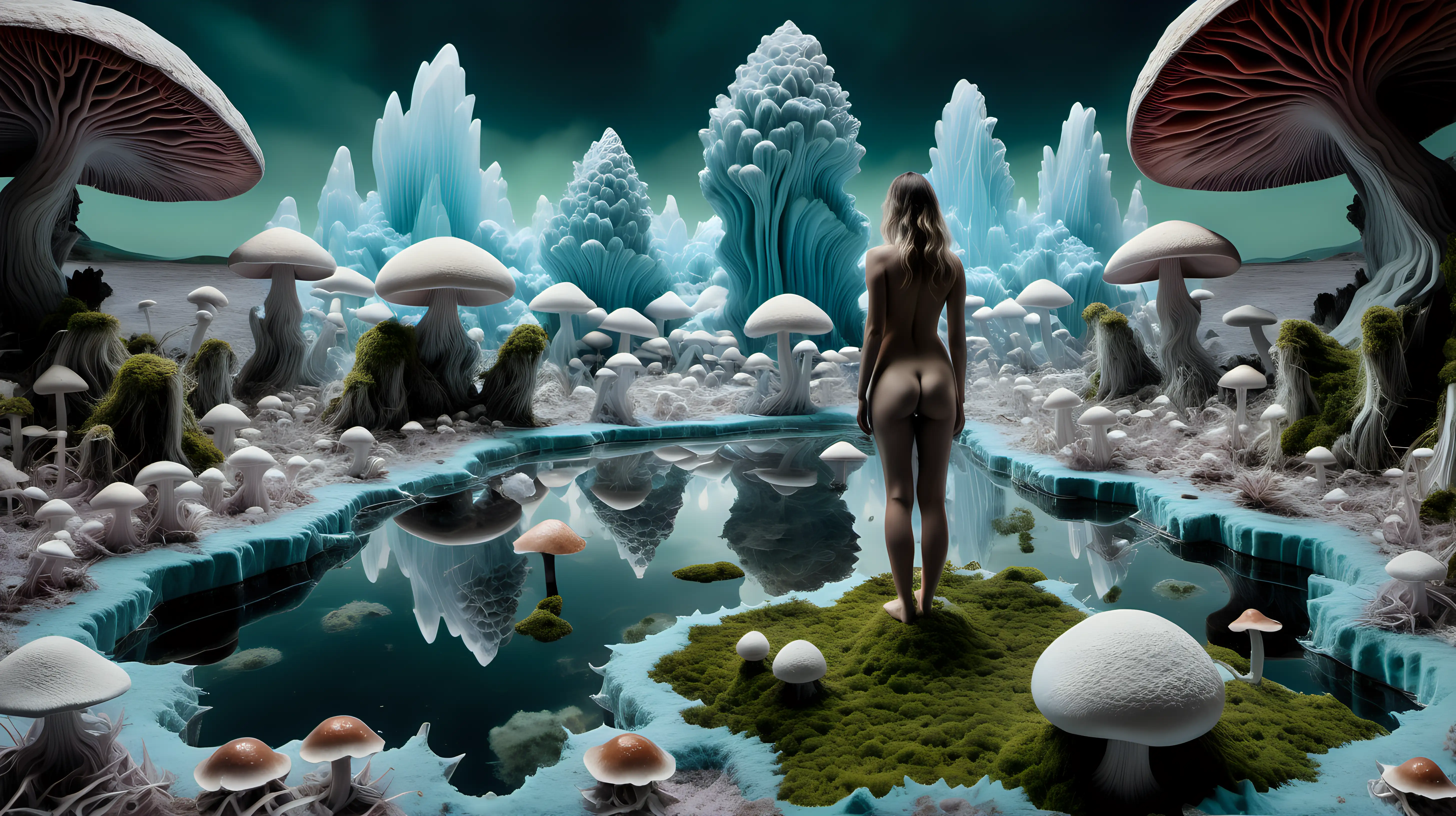 Psychedelic landscape, crystalline bluish mineral clouds, with nude woman center, Moss, mushrooms, and water on the ground