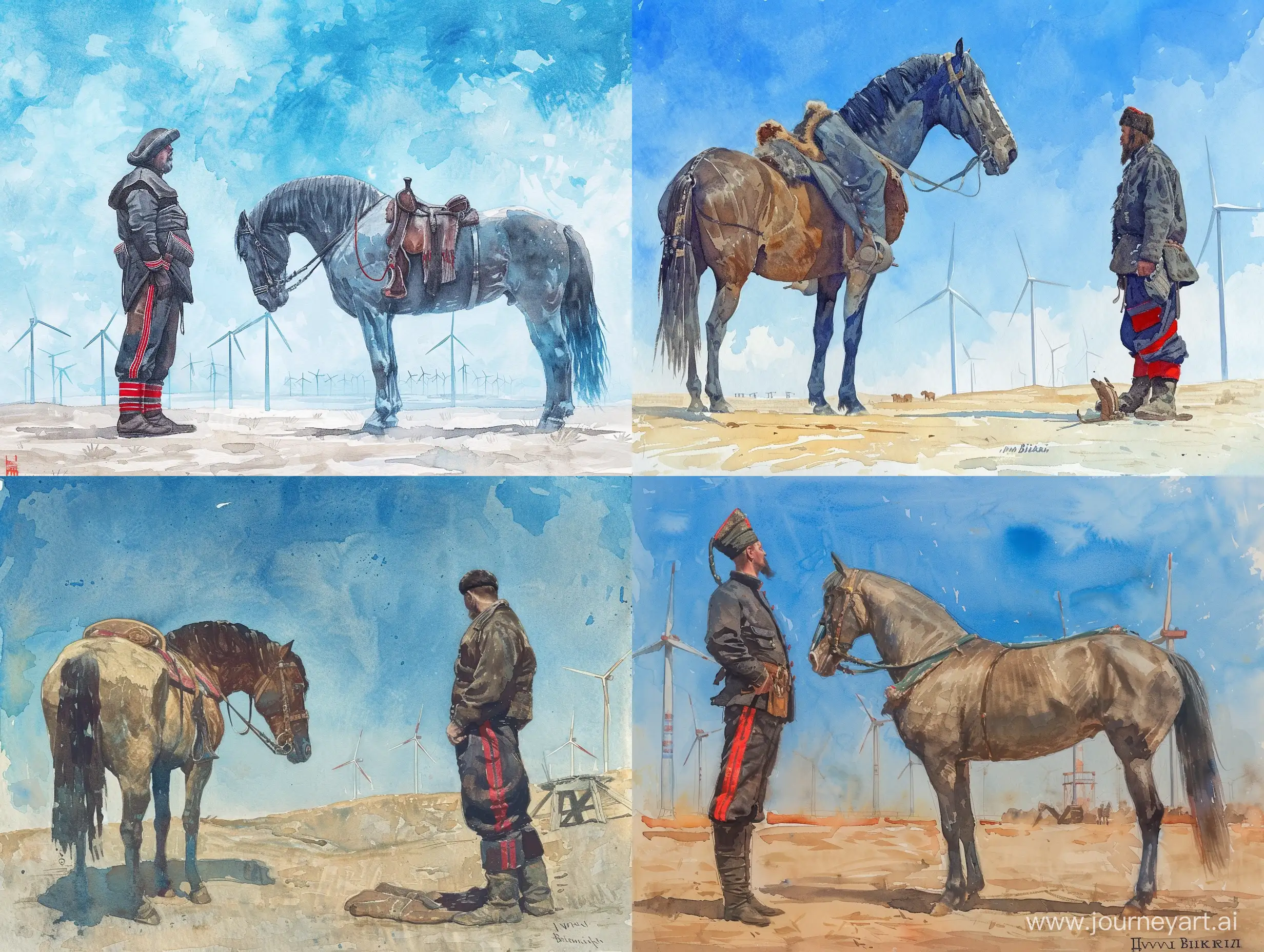 A huge horseman in the foreground, a horse stands in profile, the rider is dressed in dark trousers with red stripes, a Cossack hat, a jacket, against a background of blue sky and wind turbines, in the background, watercolor, Ivan Bilibin style