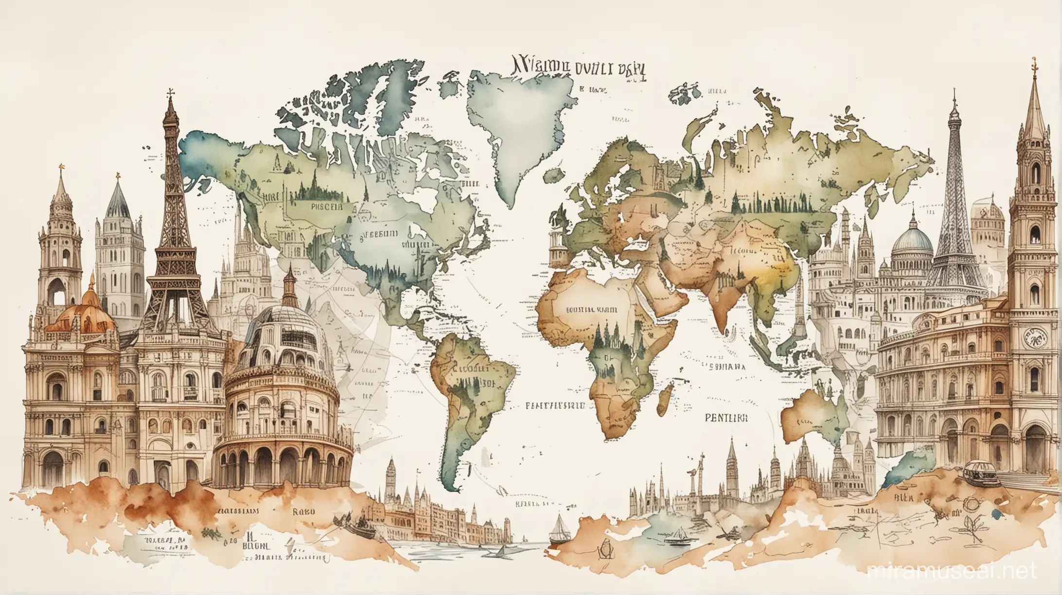 grafika na pierwszym planie znane zabytki i budowle świata. w tle szybki niedbały szkic przedstawiający mapę świata. białe tło, stonowane barwy, obraz malowany akwarelą