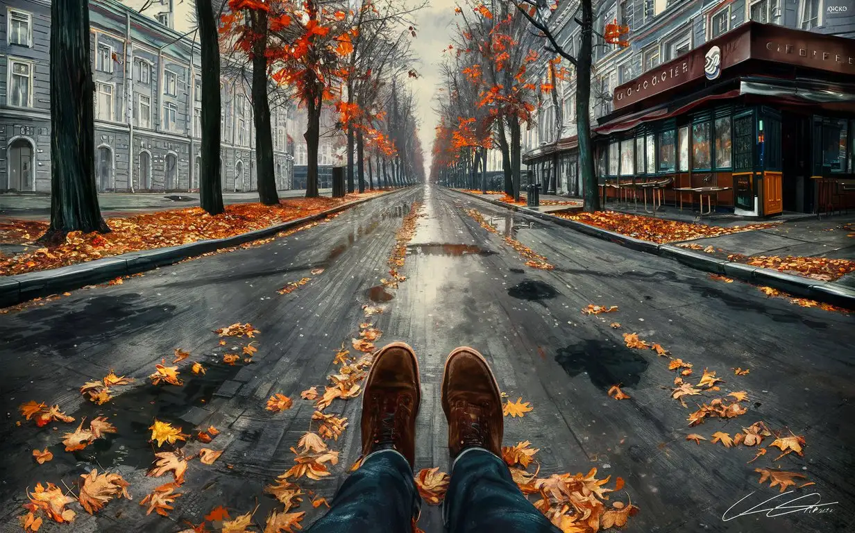 Осень, широкая улица в Москве, рядом кофейня. На тротуаре растут деревья. Всё изображение в серых, оранжевых и коричневых цветах. На асфальте лужи. Взгляд с высоты человеческих глаз, прямо