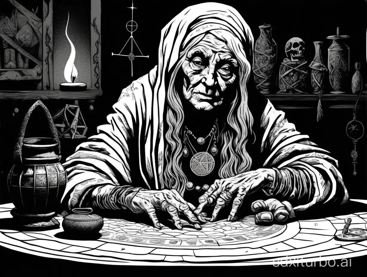 by Erol Otus, style of 1979 Dungeons and Dragons,

line art of an elderly crone:gypsy diviner, sitting at a table, using a spirit board, in a dark room, witchcraft, dark and moody atmosphere,

wide shot, black background, 1bit bw,