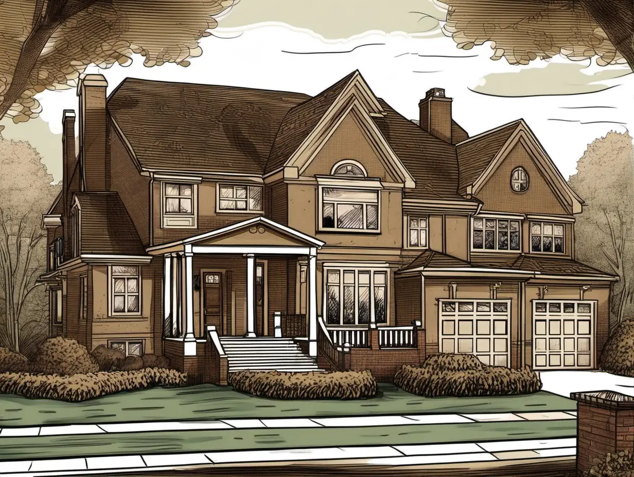 illustration of large brown house in suburban neighborhood