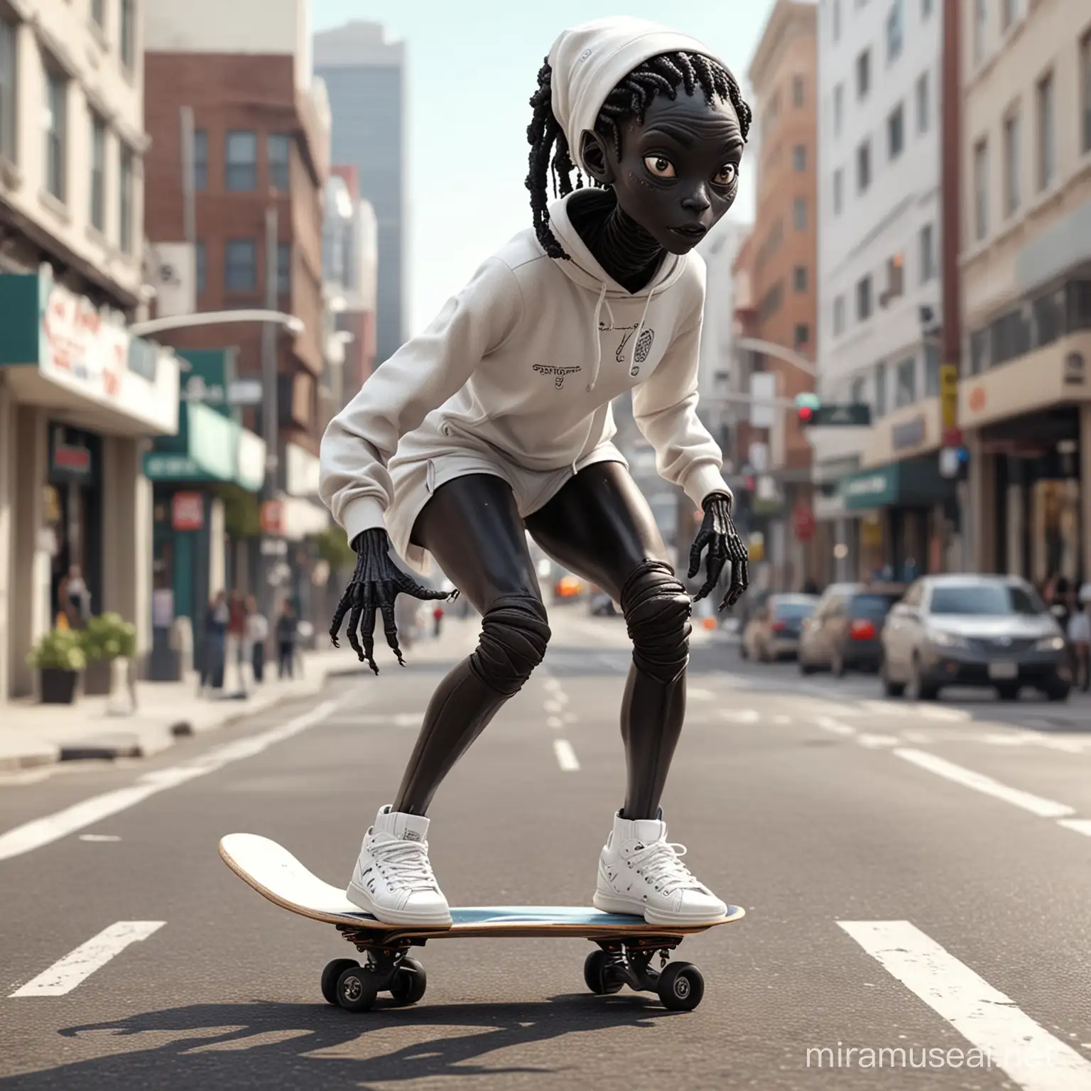 realistic cute and funny female black alien with entrails on her face but a nice body riding a skatboard in white skater clothing, la city streets, full body