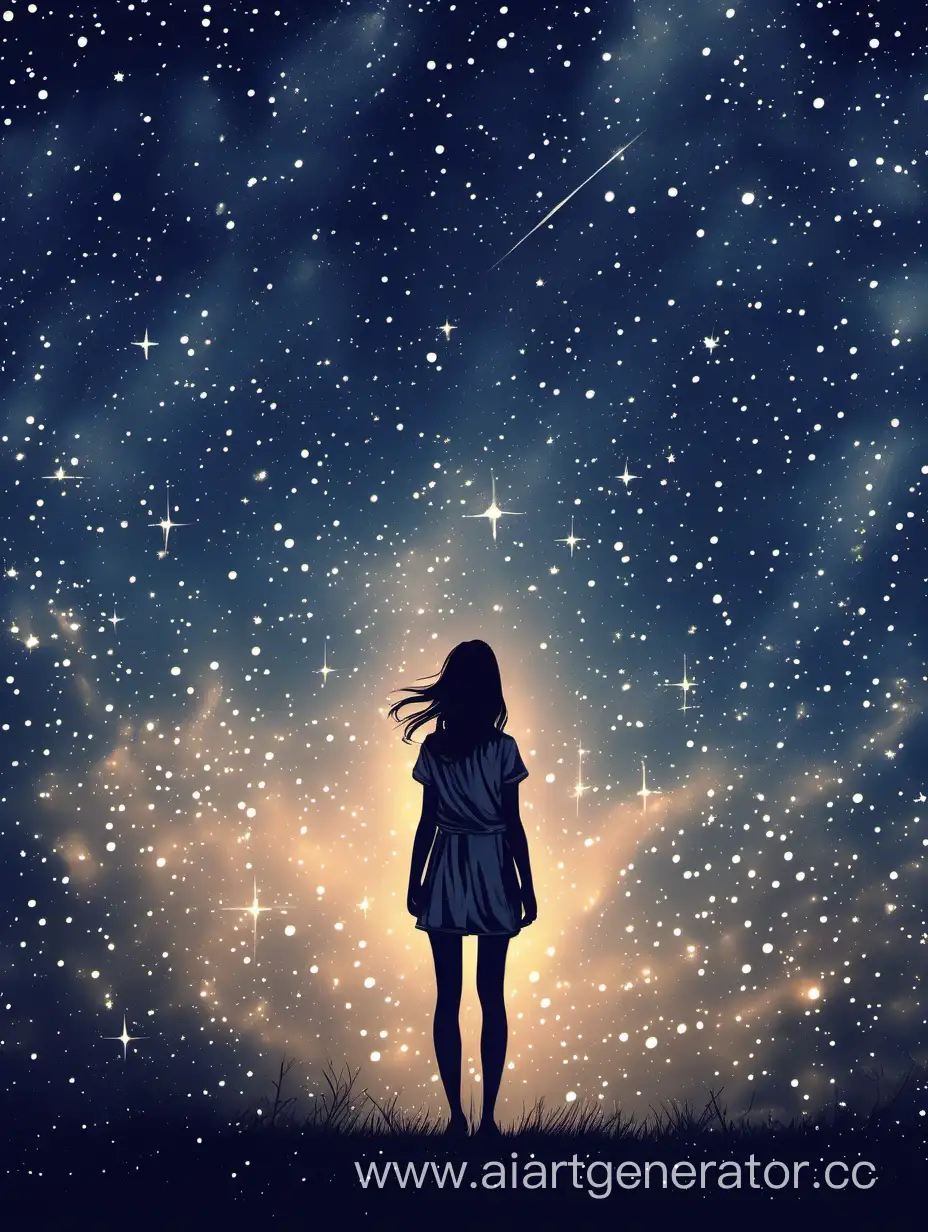Девушка на фоне звездного неба стоит спиной