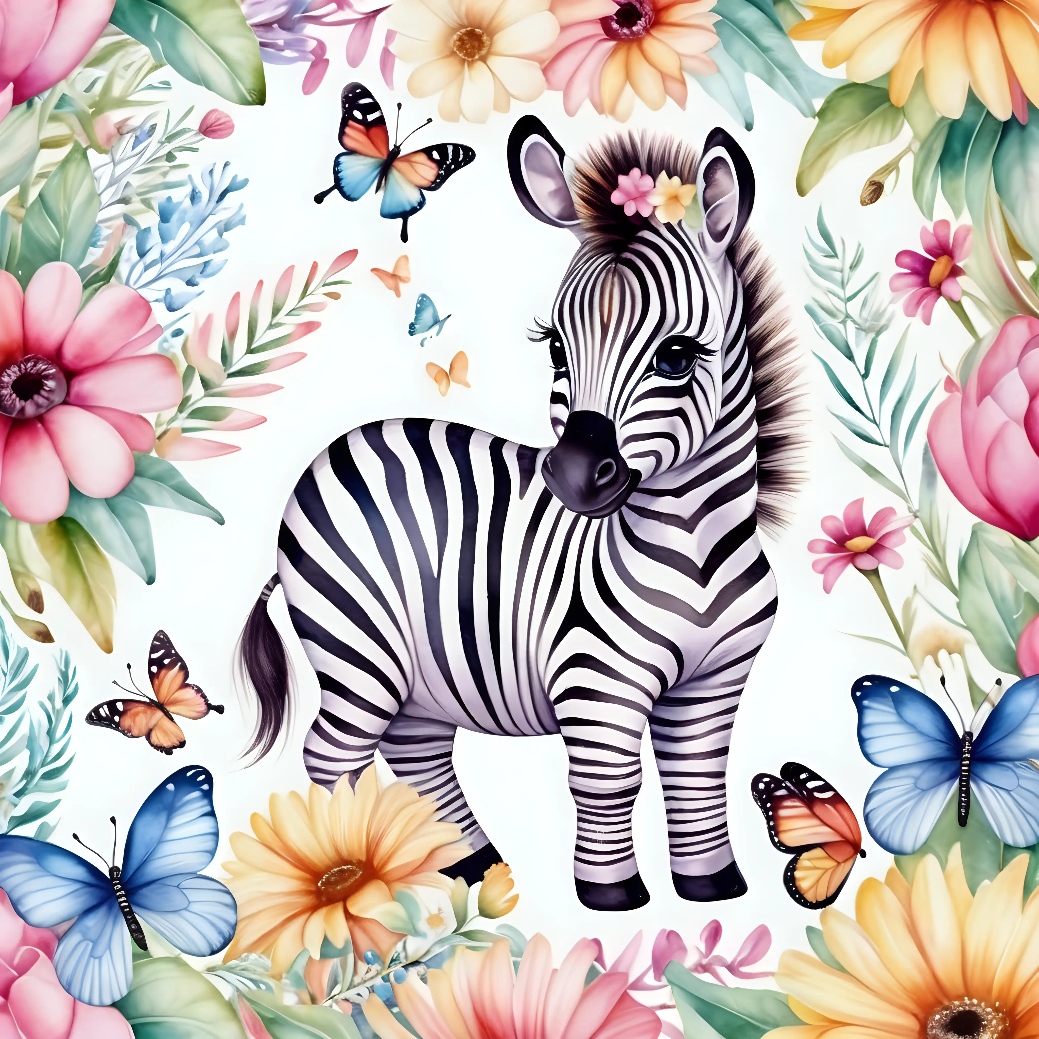 Vibrant Watercolor Painting of a Baby Zebra Surrounded by Flowers and Butterflies