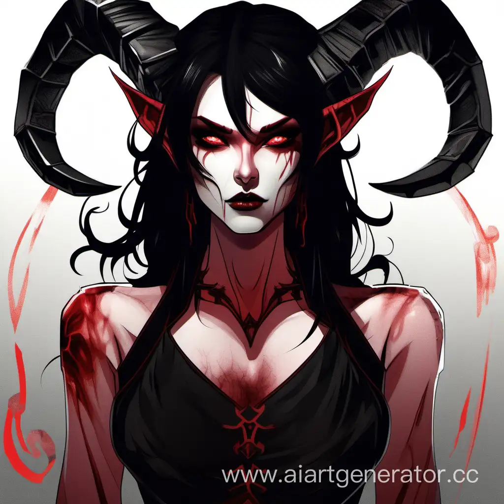 An attractive female demon. With long sharp horns, a scar crossing the eye. Her skin is pale red in color. Her eyes are bright red. She has black hair. She is wearing a black tight dress.