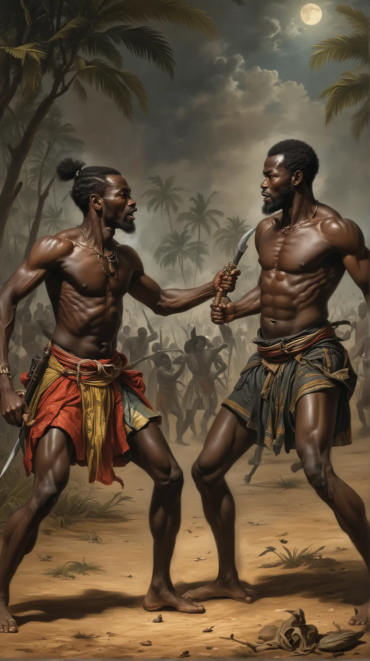 Zingadi, 1600s Angola. two strong black men fighting each other. it's night
