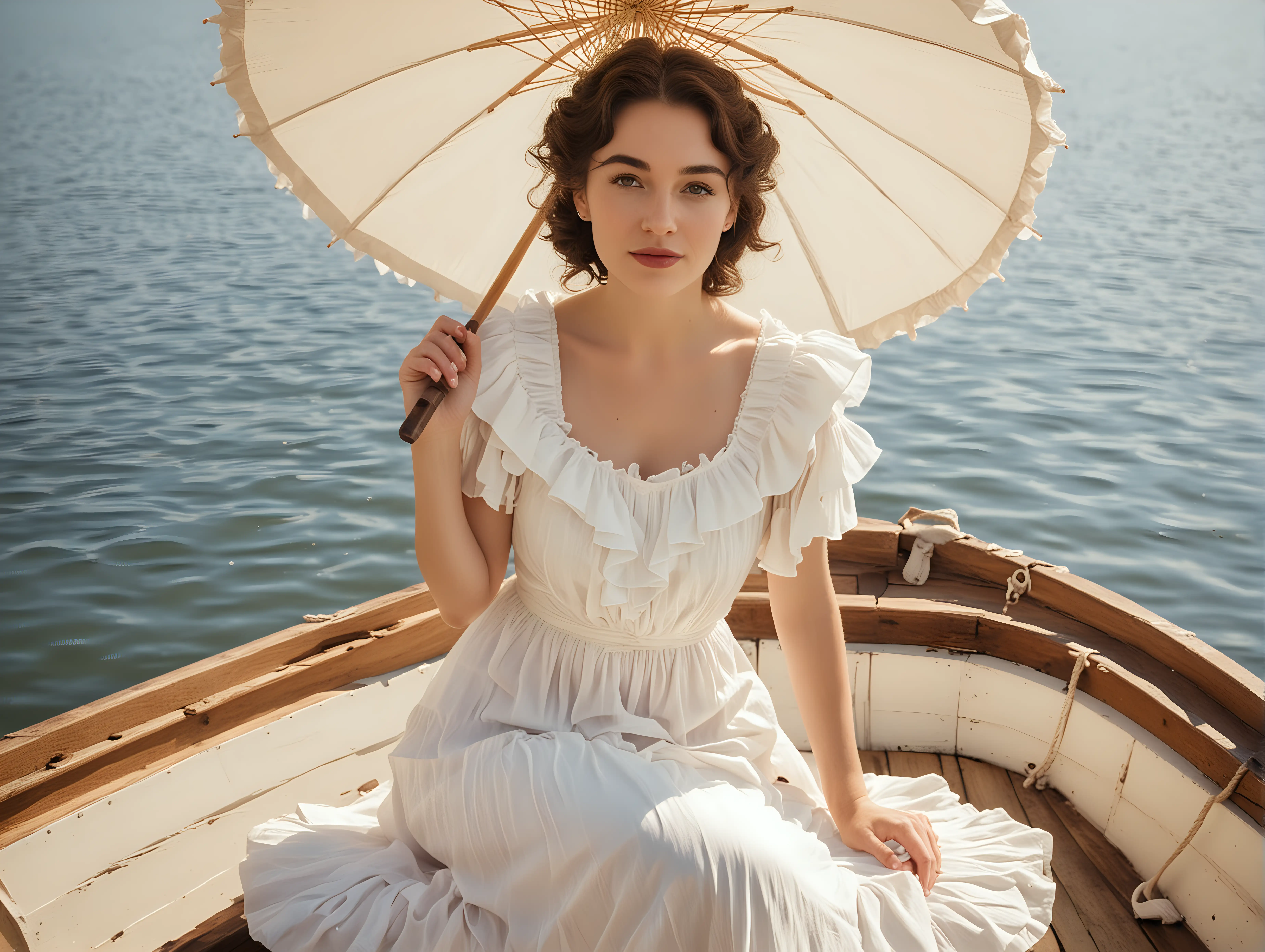 A WOMAN IN A WHITE DRESS WITH RUFFLES, HOLDING A PARASOL, SITTING IN A WOODEN BOAT, LOOKING STRAIGHT AT THE VIEWER,  1930'S STYLE, BRIGHT SUNNY DAY, NOT SMILING