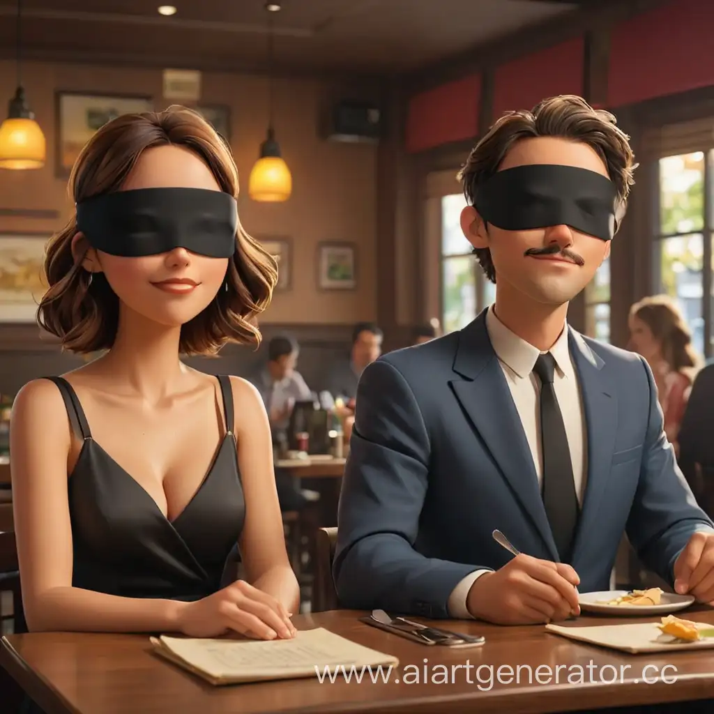 мультяшный мужчина и женщина сидят за столом в ресторане с завязанными глазами 