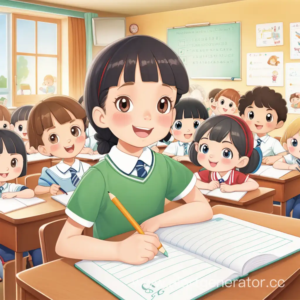 Обложка для объявления об индивидуальных занятиях английского языка для детей. На ней изображены милые дети на уроке и рядом учительница.
