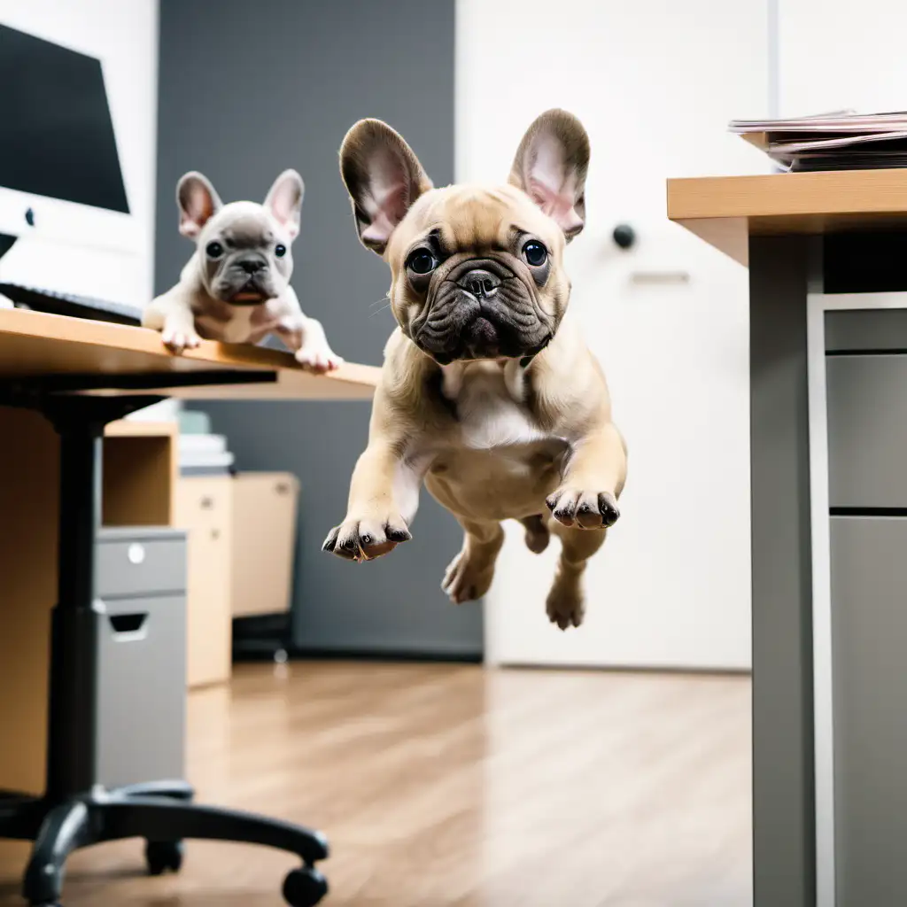 fawn french bulldog puppy flying around an office, with a grey french bulldog puppy behind her
