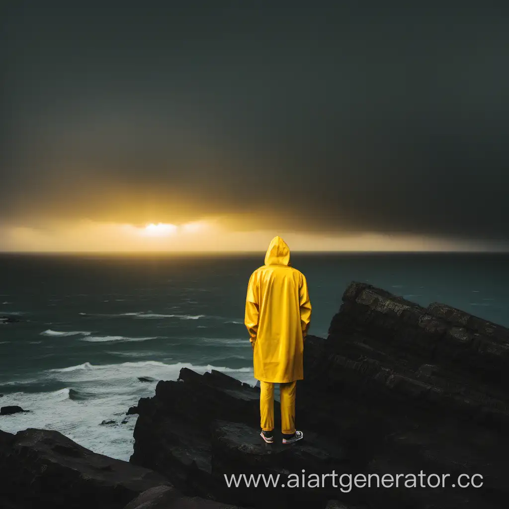 человек в жёлтой одежде , стоит на скале и смотрит на закат в дождь