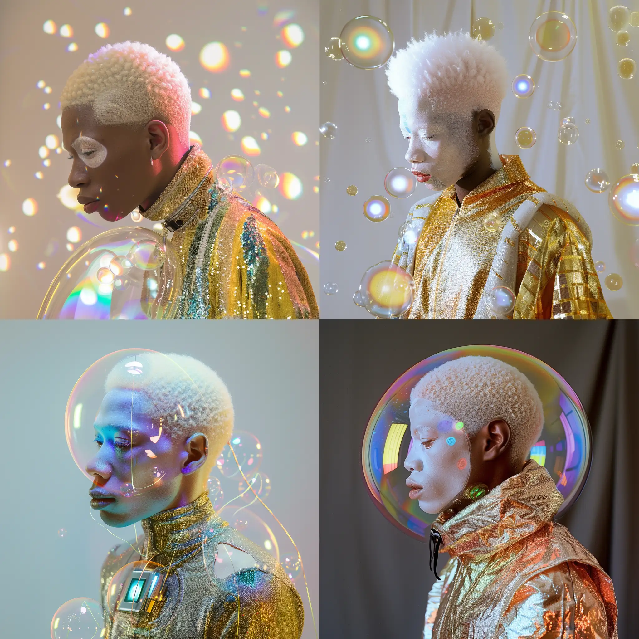 Albino africano in a holographic outfit Kodak flat background realistic photo bubble holographic costume 