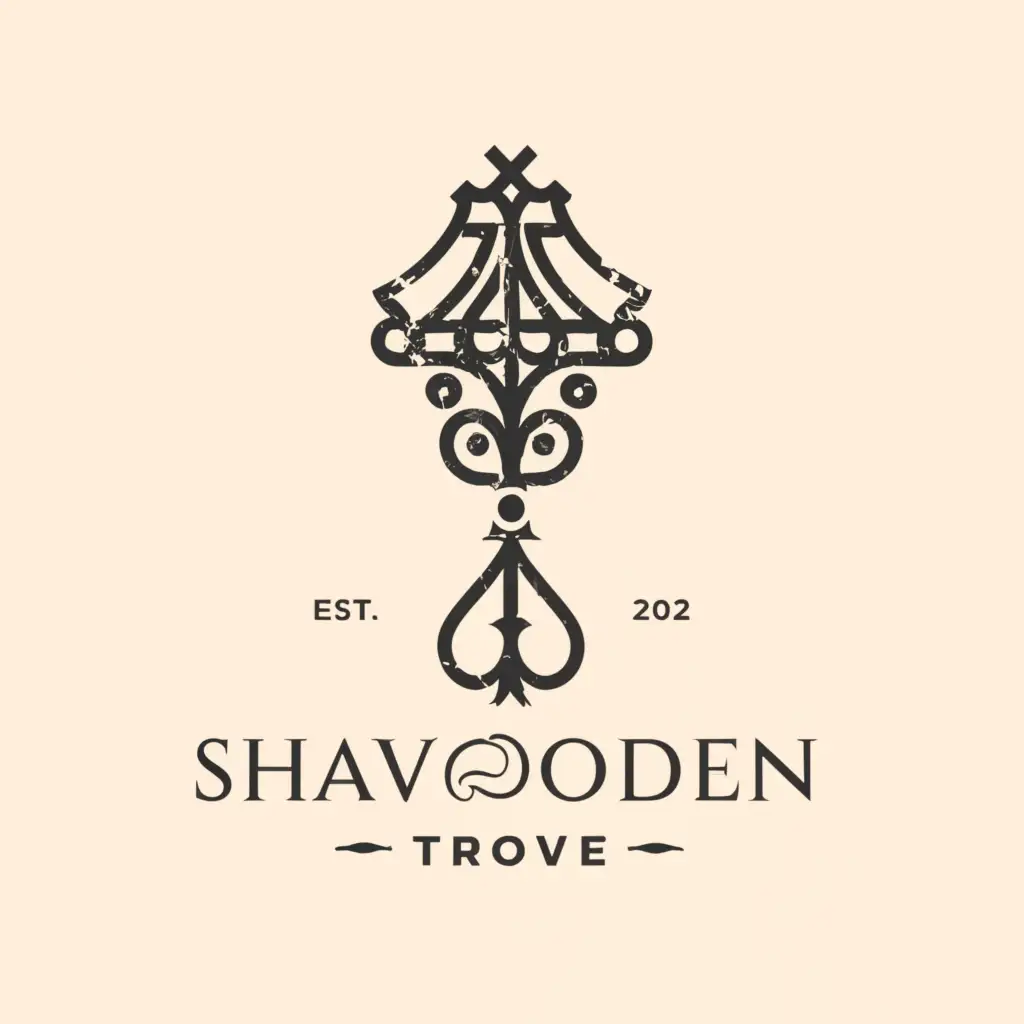 a logo design,with the text "SHAVOODEN 
TROVE", main symbol:home & office decor, wooden and electric product, antique and vintage product, floor lamp,Minimalistic,clear background
