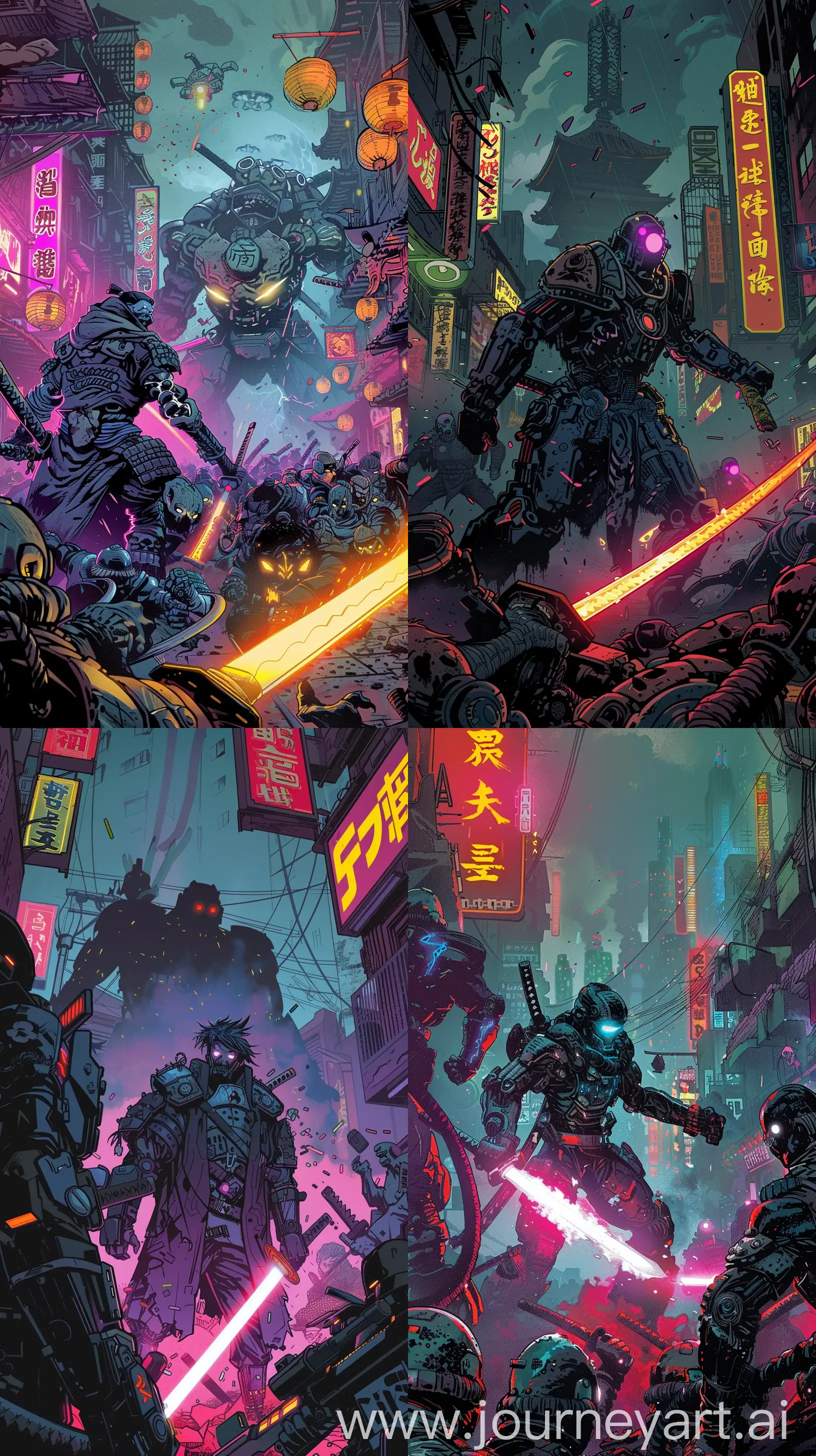 Create an intense scene of a cybernetic samurai standing off against a horde of futuristic ninjas in a neon-lit, dystopian city. Employ Mignola's art style with its strong use of black and strategic use of color to highlight the samurai's glowing sword and the ninjas' cyber-enhancements. The composition should be simple but dynamic, evoking a sense of imminent action phone wallpaper --ar 9:16