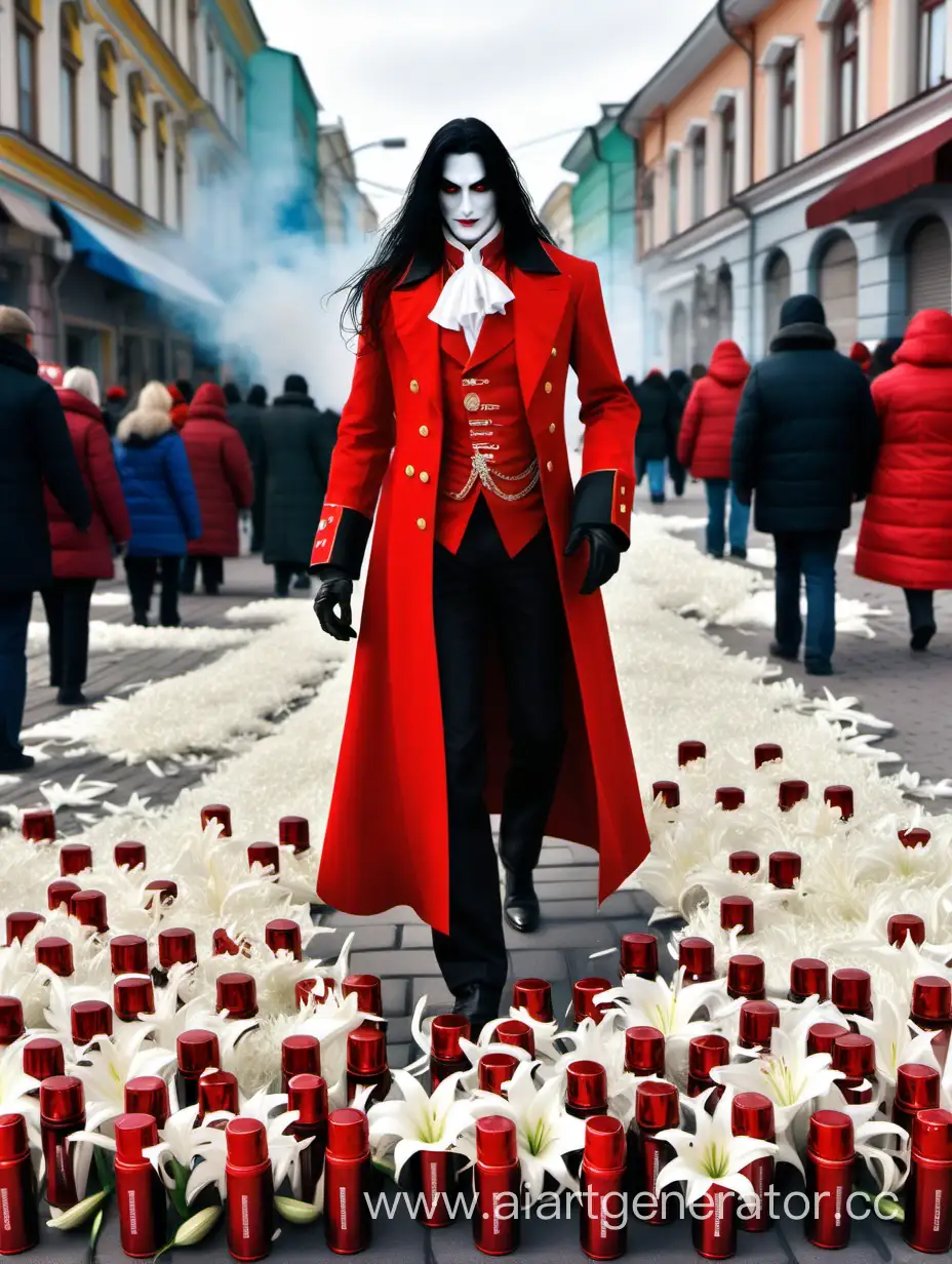 Alucard-Distributes-Free-Red-Perfume-Bottles-Amidst-Colorful-Fireworks-and-White-Lilies-in-a-Russian-City