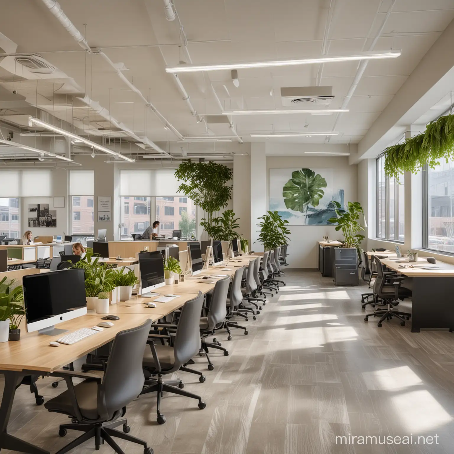 An open office space with plants, water concepts, and natural lighting. Artwork on walls include racial diversity. Advanced technology includes smart desks, ergonomic furniture, and tablets.