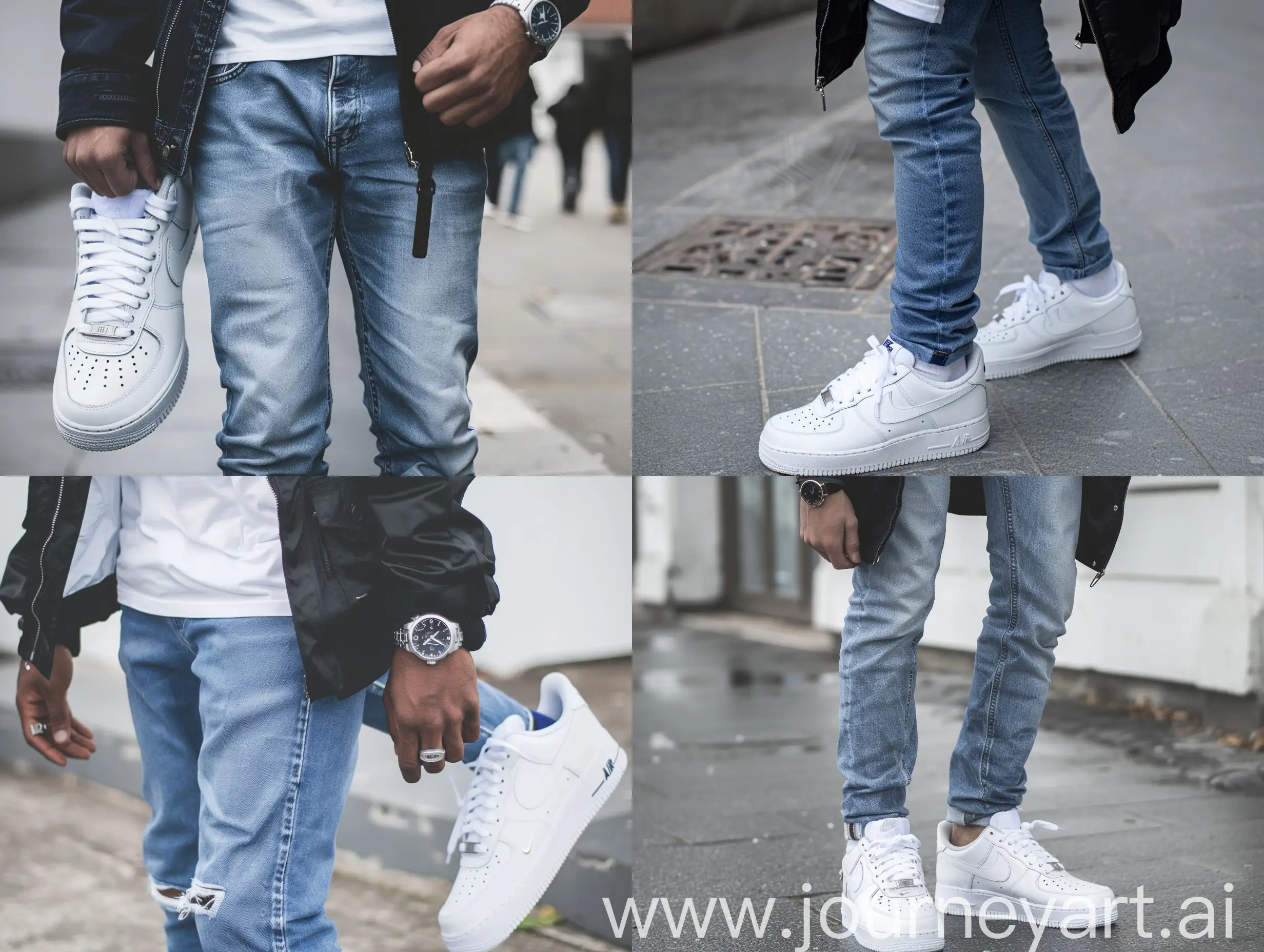 Reql a man with hard blue jeans and a nike air force white sneakers and a base white T-shirt that is in the jeans   and ablàck jacket on the T_shirt full view and a watch ⌚ on his hand t shirt must be in pants and sleeve should be fold up