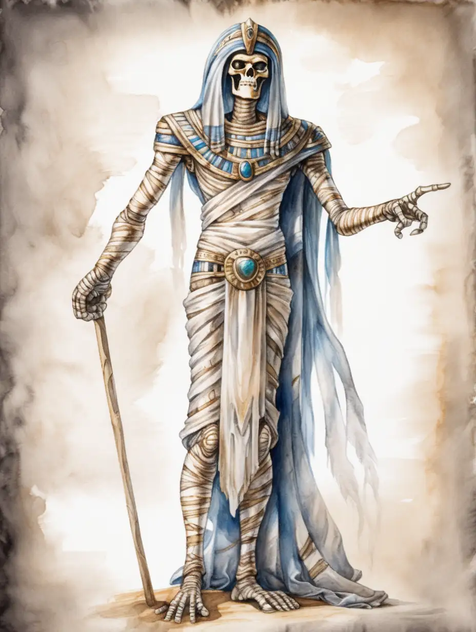 fantasy mummy lord standing and pointing, dark watercolor drawing, no background