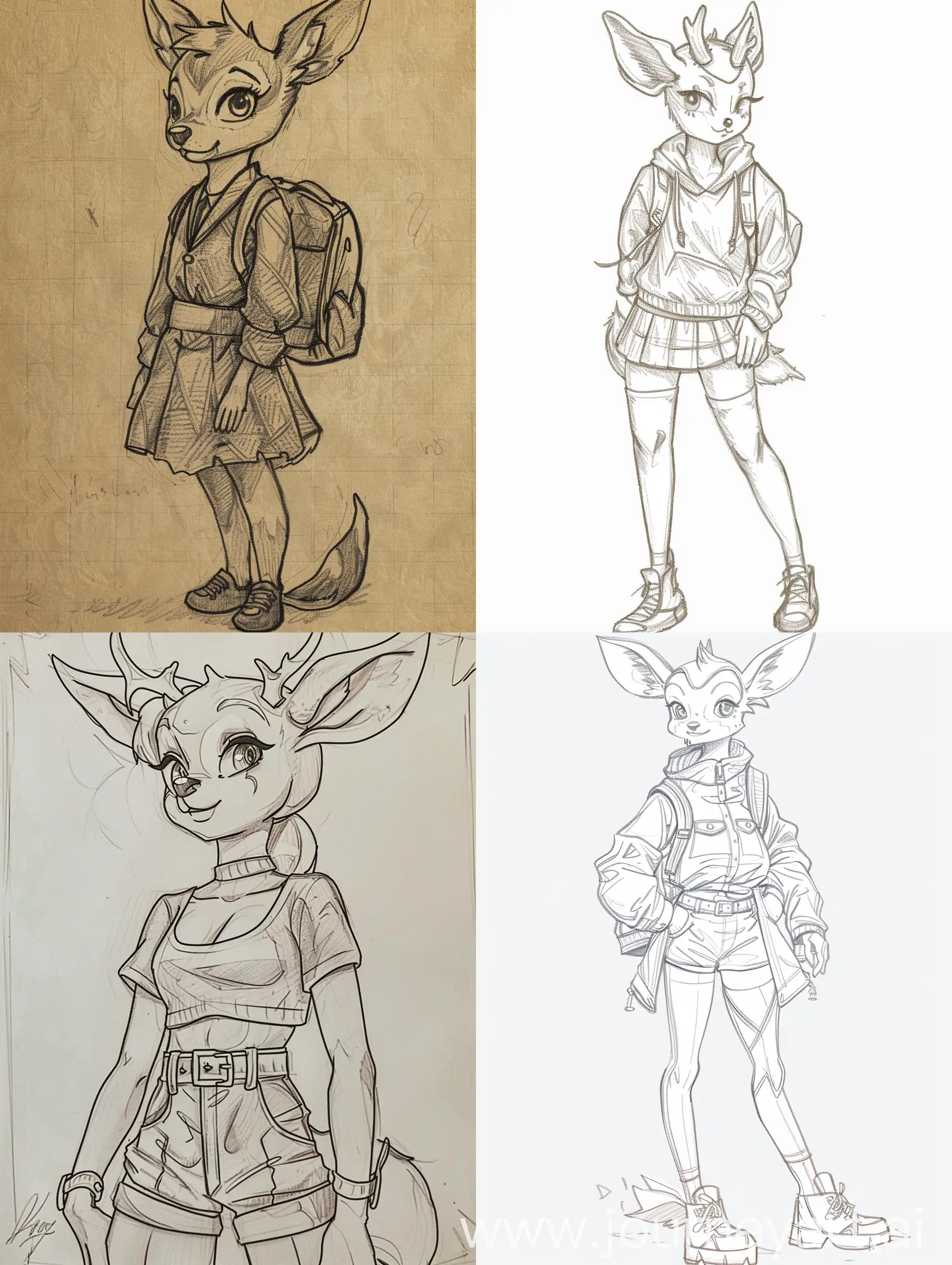 a drawing of a furry reference of an anthropomorphic deer girl, her clothes are simple, but reflect her character: mischievous, cheerful, creative and emotional personality