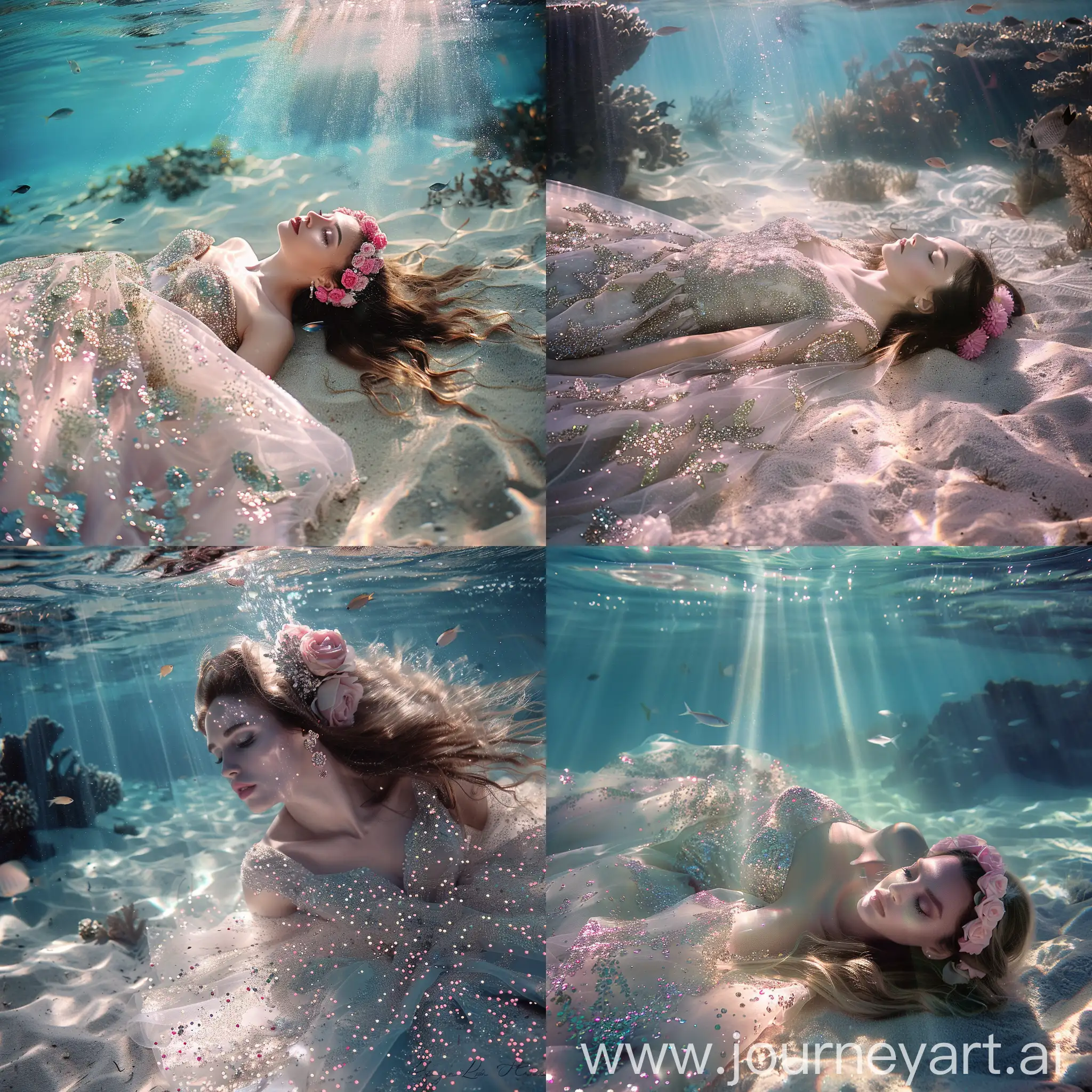 A photographic image of an under water scene of a beautiful woman with delicate facial features lying just above the sandy sea bed. She is wearing a wedding dress and has pink flowers in her long hair. The dress is floating up in the water. The sequins on her dress are sparkling in the ray of sunshine coming down through the clear blue water. There are a few fish nearby.