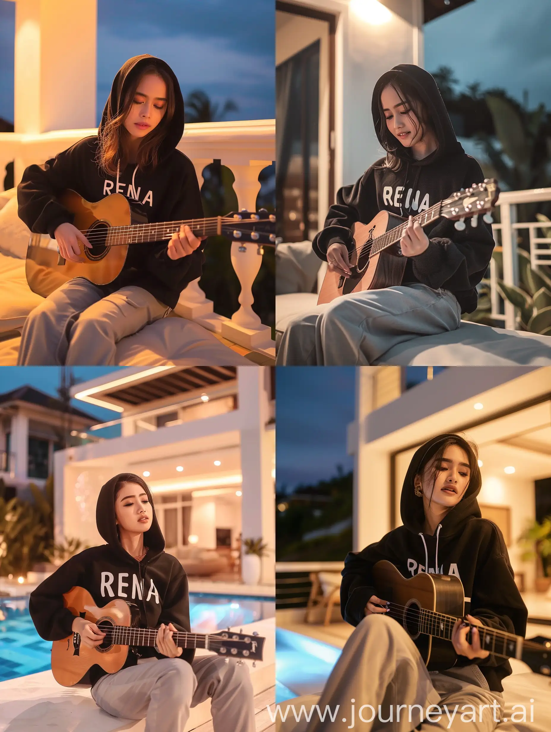 Original and authentic photo of a beautiful 20 year old Indonesian woman, wearing a black hoodie with the word RENA, light gray trousers, sitting on the terrace of a luxury house while playing the guitar, photo quality HD 16k resolution clear and bright at night.