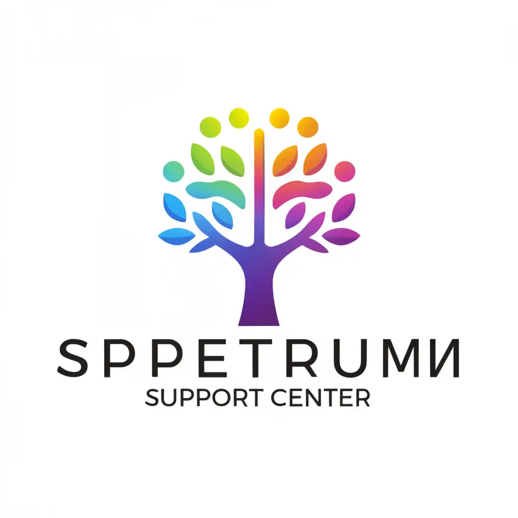 a logo design,with the text "Spectrum Support Center", main symbol:tree, brain, kids, rainbow color,Minimalistic,clear background