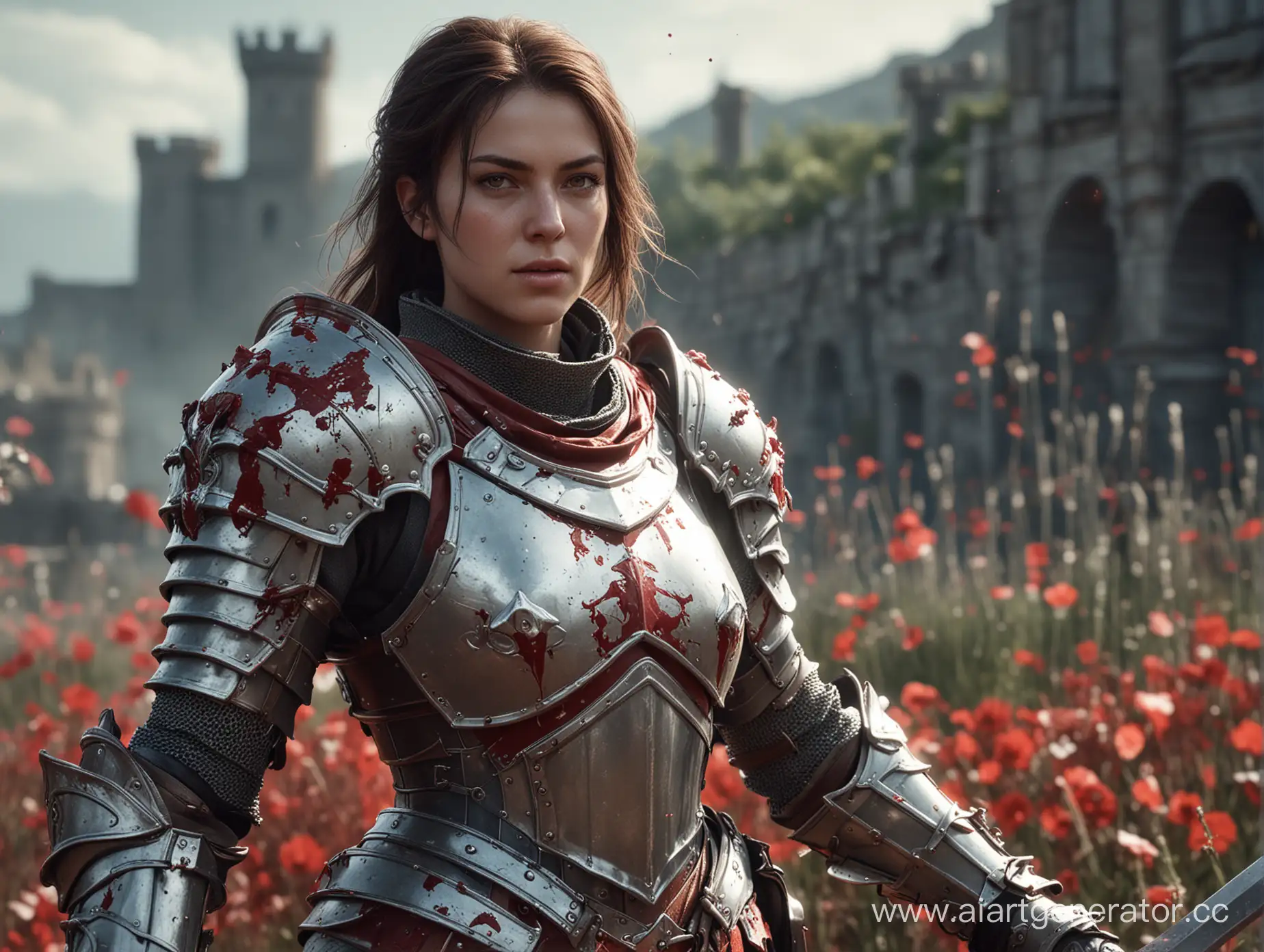 Female knight in blood battlefield, Bloom, ambient occlusion, color contrast, Curves, Levels, Tonemap, Vibrance, DPX, Technicolor, Clarity, Tint, FXAA, SMAA, Depth of field, Vignette, Bloom And Lens Flares, HDR, Film Grain, SSAO