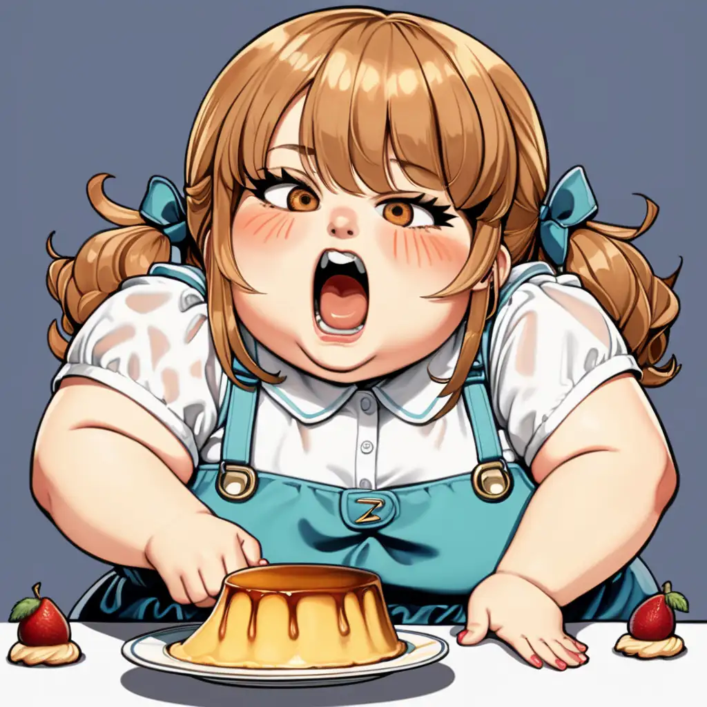 Style/Coloring: Chibi style with bright and bold colors.

Composition: The obese girl is sitting on a small stool or chair, taking up most of the frame. She's facing directly forward, her round cheeks puffed out in delight as she holds the flan in both hands. The screaming human face on the flan is exaggerated, with wide eyes and an open mouth, expressing sheer terror.

Subject: The obese girl is depicted with a round face and chubby cheeks, wearing a cheerful expression as she indulges in the flan. Her eyes are wide with excitement, and her mouth is open wide as she prepares to take a big bite.

Setting: There is no specific background provided, focusing solely on the obese girl and the flan with the screaming face.

Action: The girl is enthusiastically about to take a bite of the flan, her eyes sparkling with anticipation. The flan, with its screaming human face, seems to be pleading for mercy as it's about to be devoured.

Items/Costume: The obese girl may be wearing a simple outfit, perhaps a cute dress or oversized shirt and shorts, but the focus is mainly on her expression and the flan.

Accessories: The girl may have some accessories like a hair ribbon or a necklace, adding a touch of charm to her appearance.