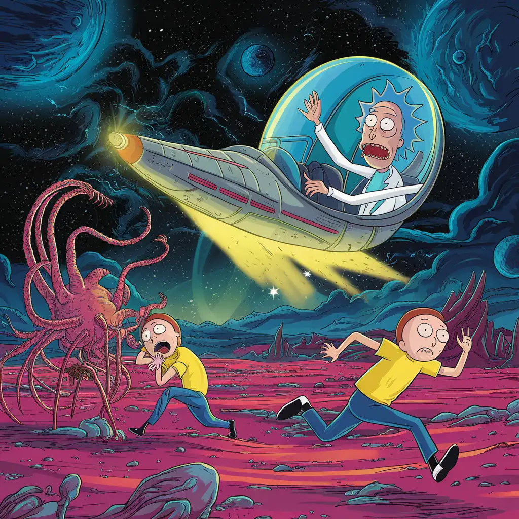 In the distance, against the backdrop of the planet's horizon occupied by bright, unearthly stars, there is Rick in a spaceship, taking off into the unknown. He curses the universe from the spaceship window, waving to Morty in farewell, as the rocket's lights illuminate his at once grinning and ominous face.
Morty was left alone in the dusty desert of this alien system, where stone washouts and dunes form mysterious silhouettes. Scared and in panic, Morty is running from a terrible monster, which is roaring terrifyingly and chasing after him. The monster looks like a huge thousand-legged creature, the size of a large rocky hill, its thick tentacles stretch towards Morty with a clear lust for attack.
This image should carry a sense of tension and irony, and the design should be saturated with colors to capture the dynamic and wild nature of the scene.