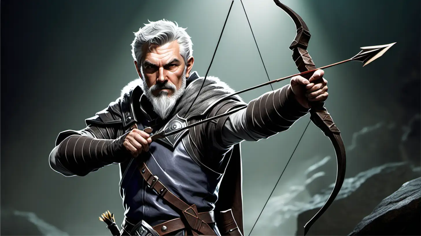 white middle aged human ranger male with grey hair and a very short grey beard, in an dungeons and dragons environment, holding a bow and arrow