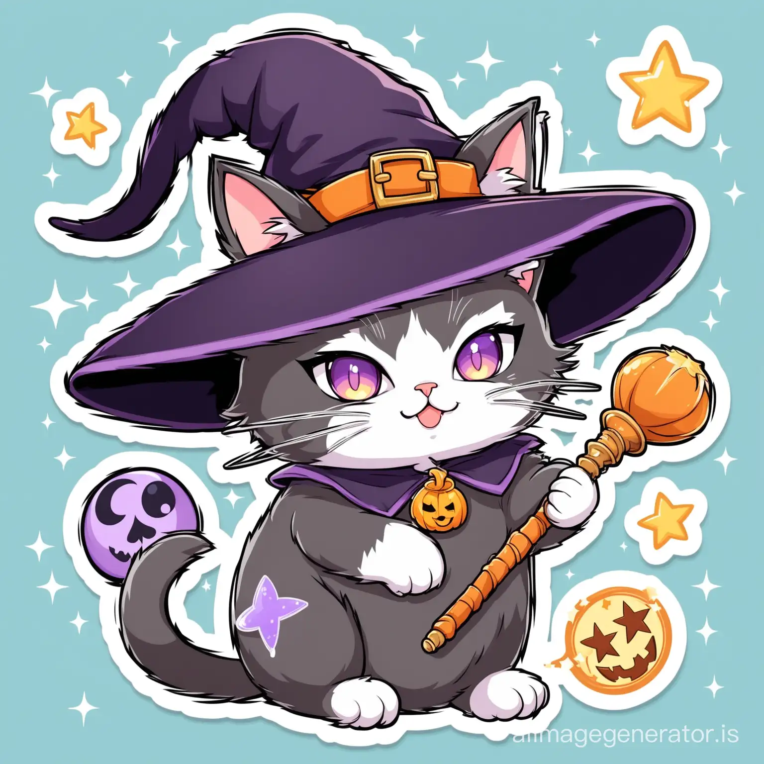 волшебница-кошка в ведьминской шляпе, колдует с волшебной палочкой, стикер, мультяшка