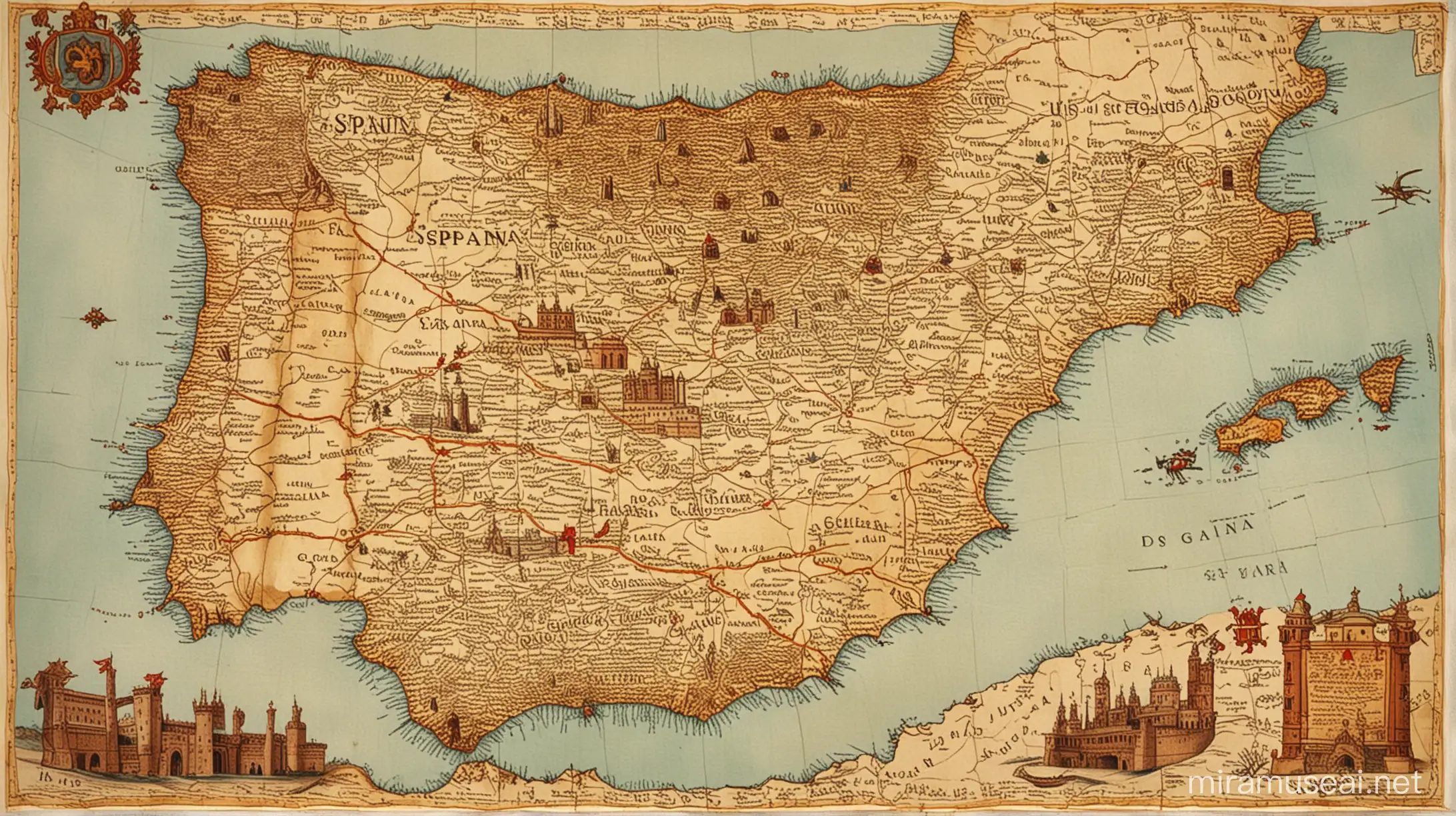 Historical Paper Map of Spain from the 1300s