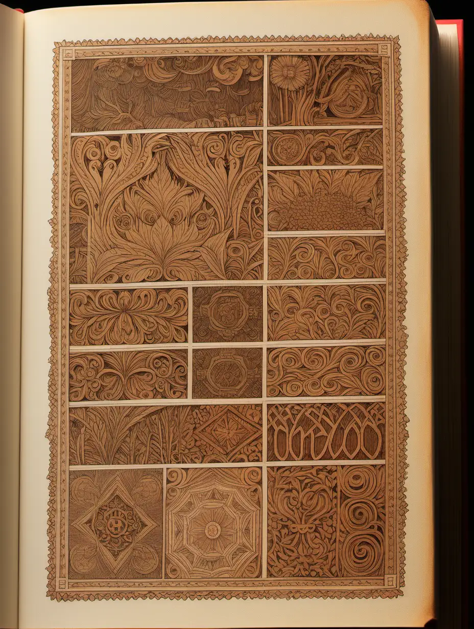 front aligned view of the narrow border of small designs on a blank book covered in wood