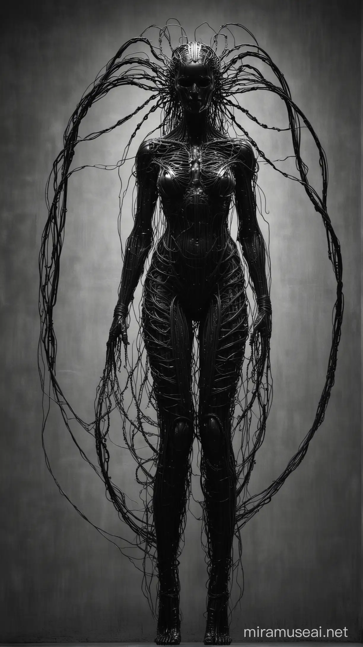 silhouette of woman created from intertwined wires horror giger