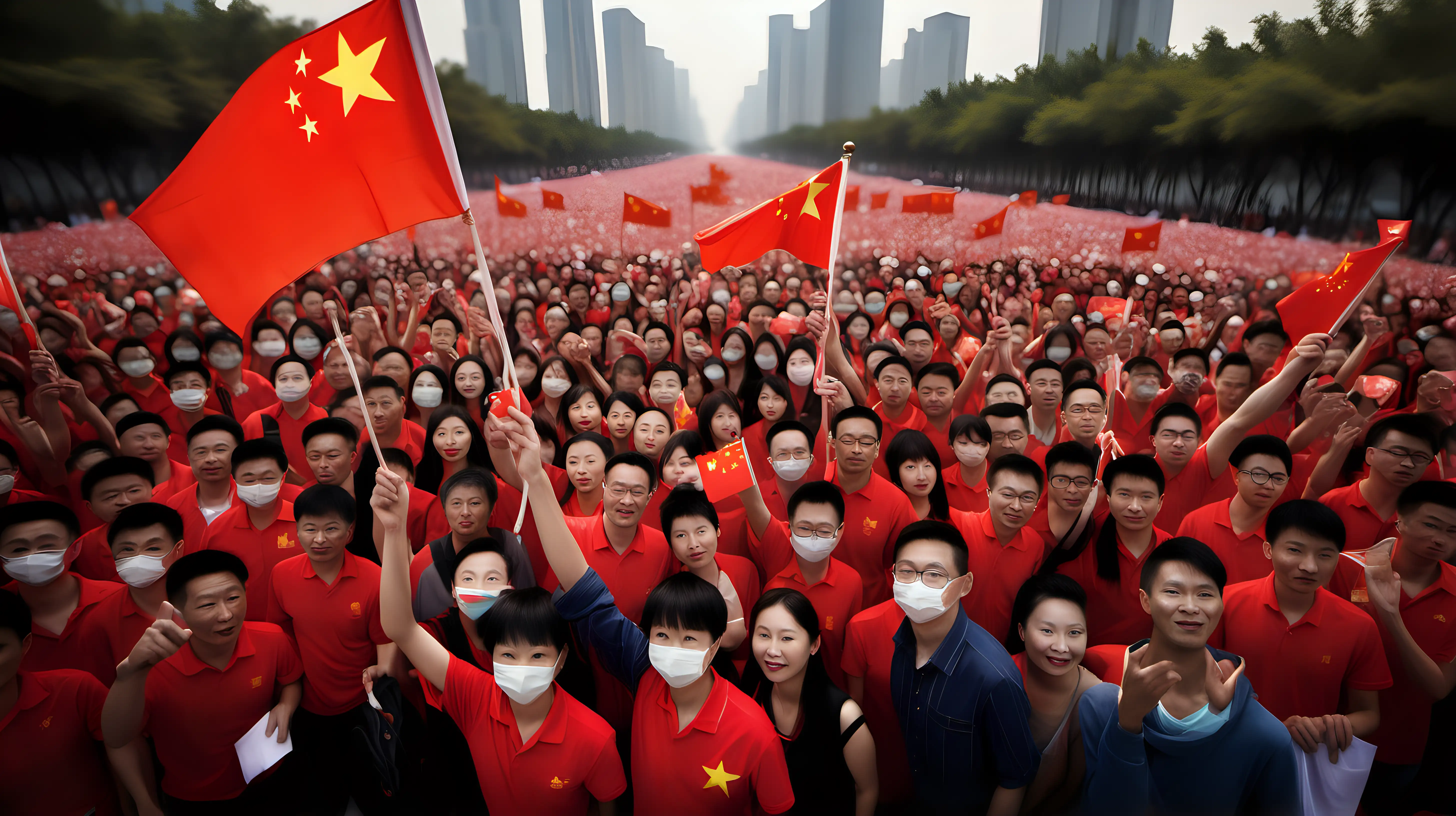 Showcase a person participating in a patriotic event, holding the Chinese flag aloft, surrounded by fellow citizens, expressing their shared love for the country.