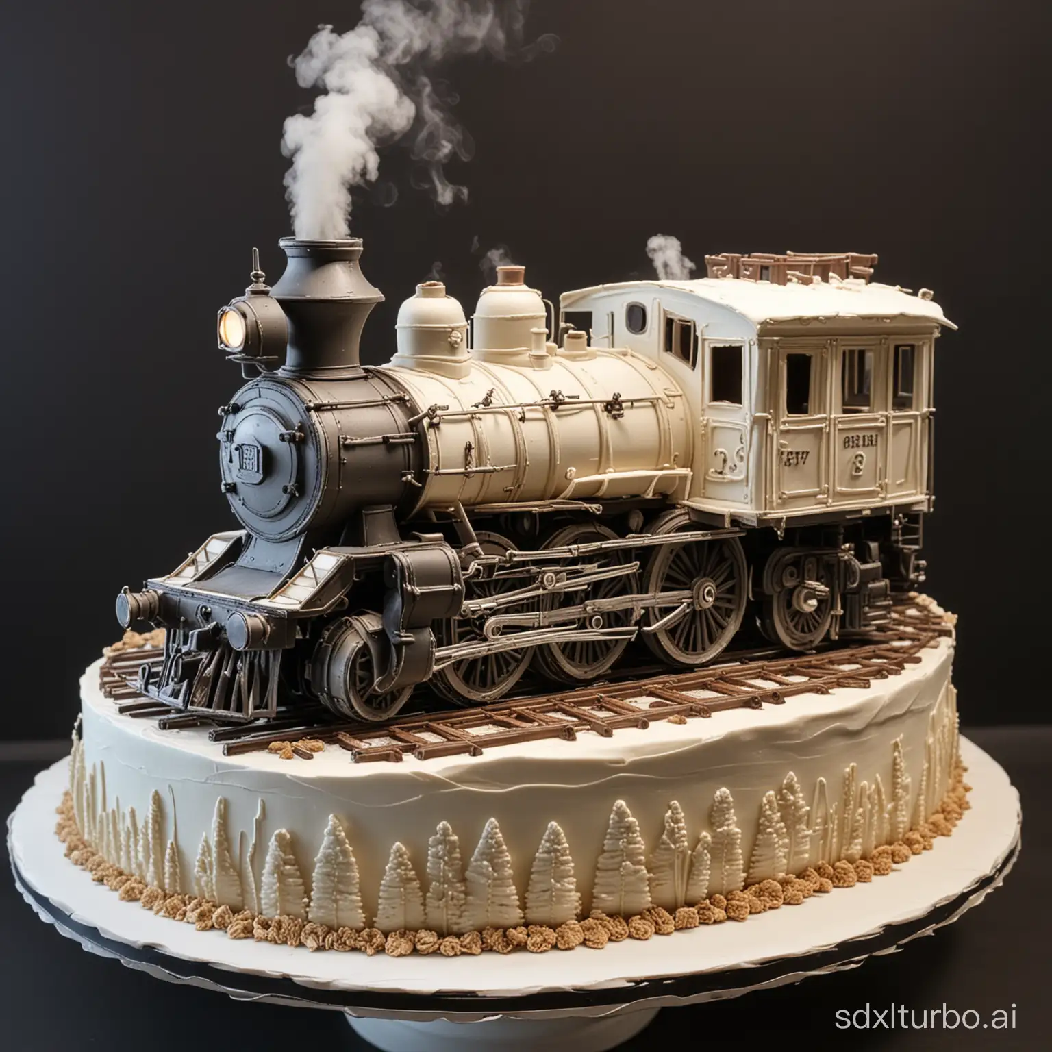 A cinematic masterpiece of a meticulously crafted locomotive-shaped cake. The cake features an impressive 3D effect with lifelike details of the steam engine, including the wheels, smokestack, and windows. "DAWUKOU" is written elegantly in white cream icing on the front of the locomotive, giving a touch of personalization. The overall atmosphere of the image is grand and festive, with the locomotive cake taking center stage in an otherwise dimly lit room., cinematic