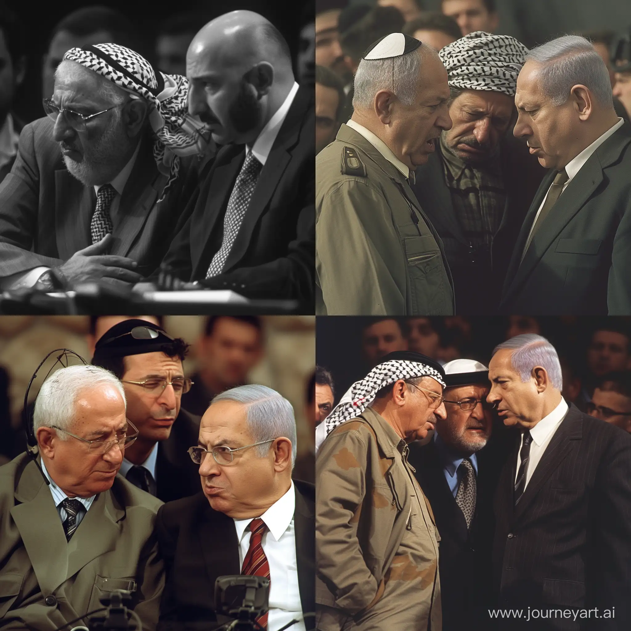 Yitzhak Rabin and Yassir Arafat looking angry and down upon Benjamin Netanyahu.