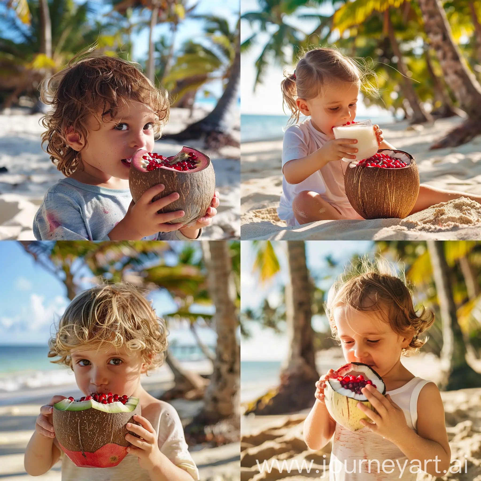 кокосовый напиток с гранат фрукт пьет ребенок на фоне пляжа солнечный день пальмы