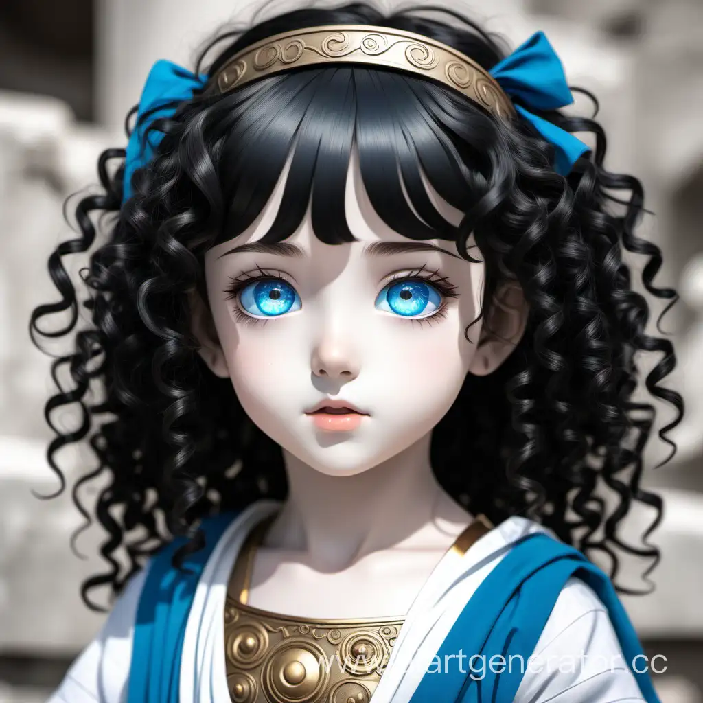 аниме маленькая девочка с кудрявыми чёрными волосами и голубыми глазами. в древней греции