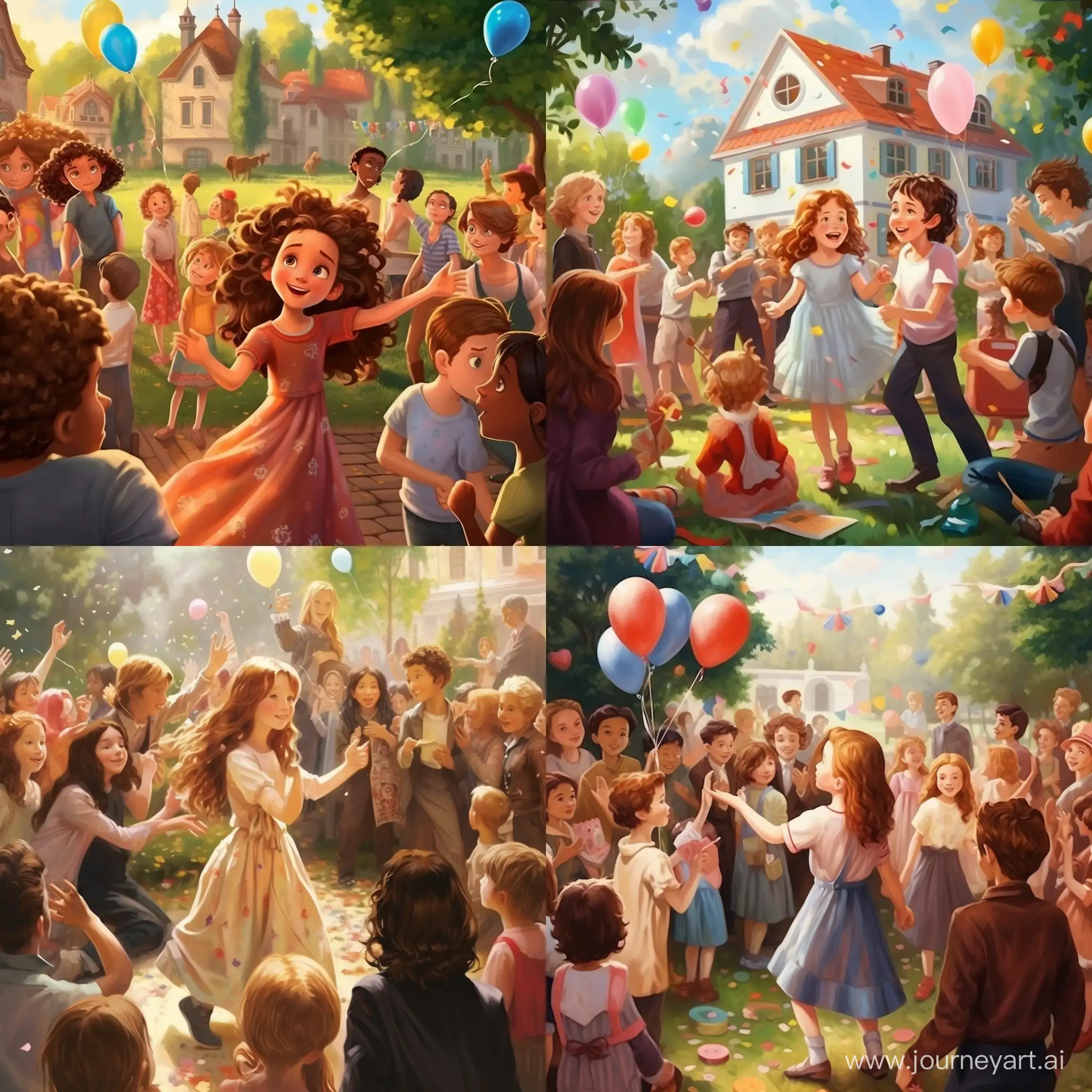 草坪上举办的生日派对小女孩在人群中间跳舞
