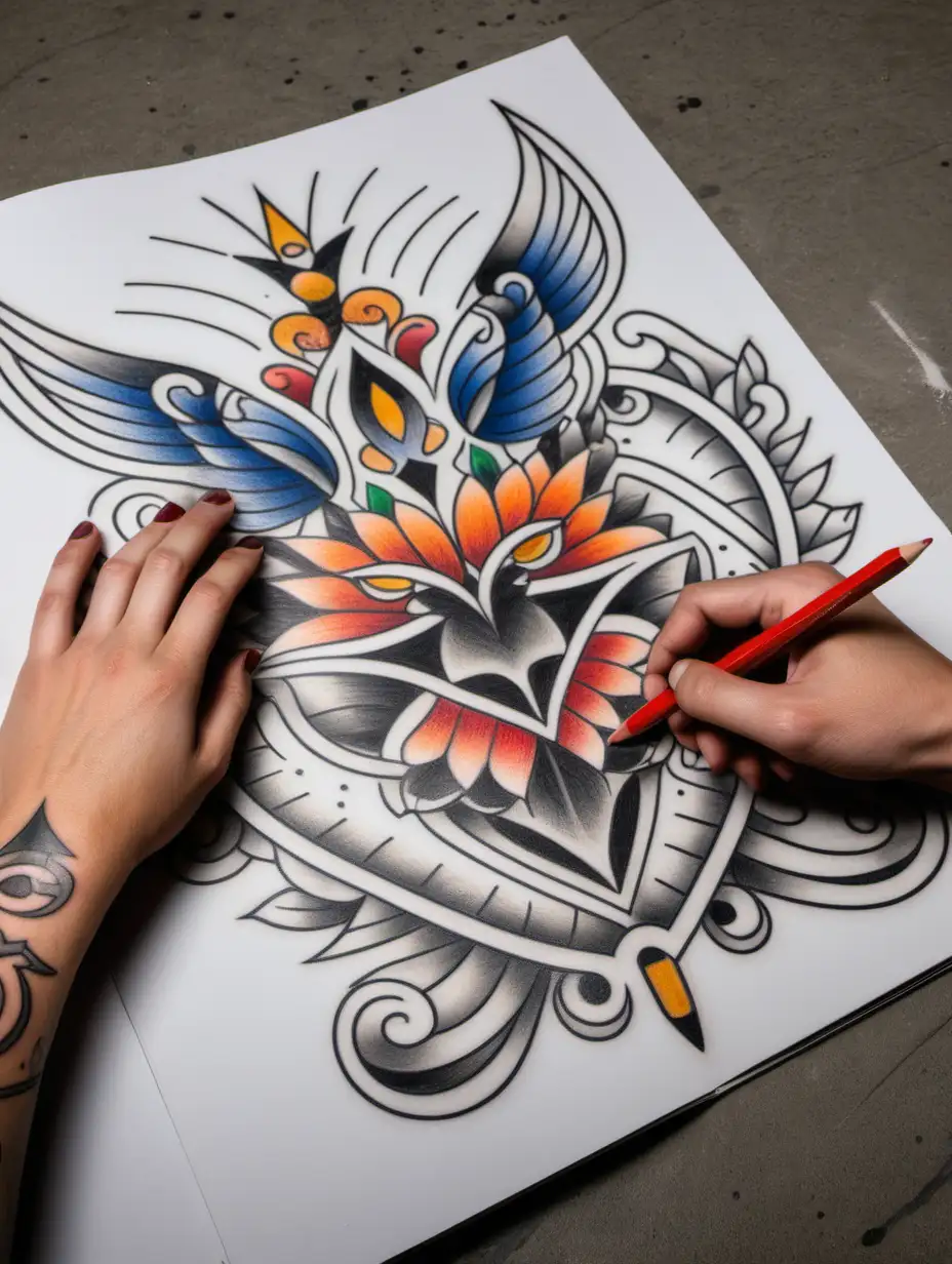 A tattoo themed coloring book on a concrete floor. There’s a person filling in some of the design with a colored pencil. 