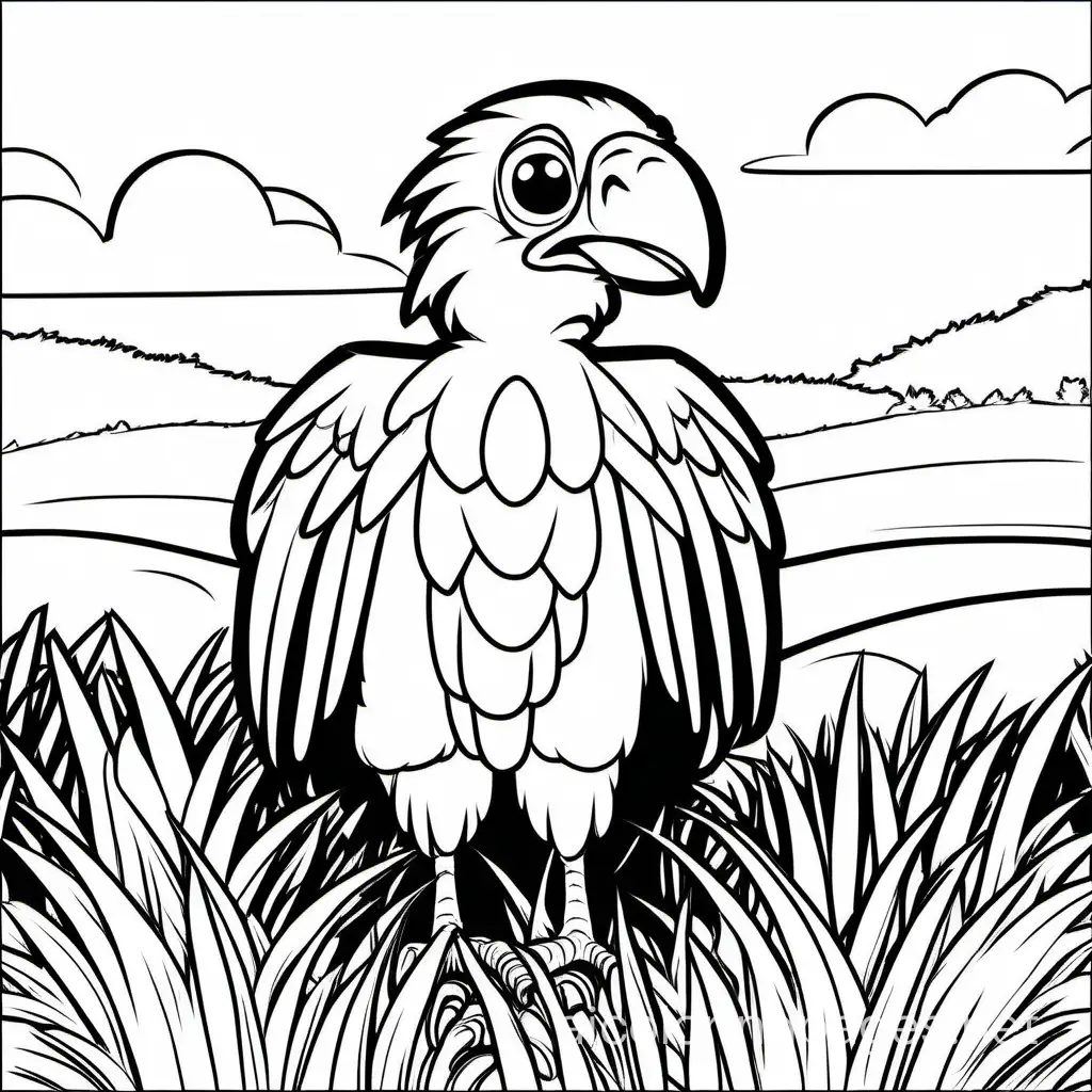 cute vulture in a grassy field outline no shadowing, Coloring Page, black and white, line art, white background, Simplicity, Ample White Space. The background of the coloring page is plain white to make it easy for young children to color within the lines. The outlines of all the subjects are easy to distinguish, making it simple for kids to color without too much difficulty