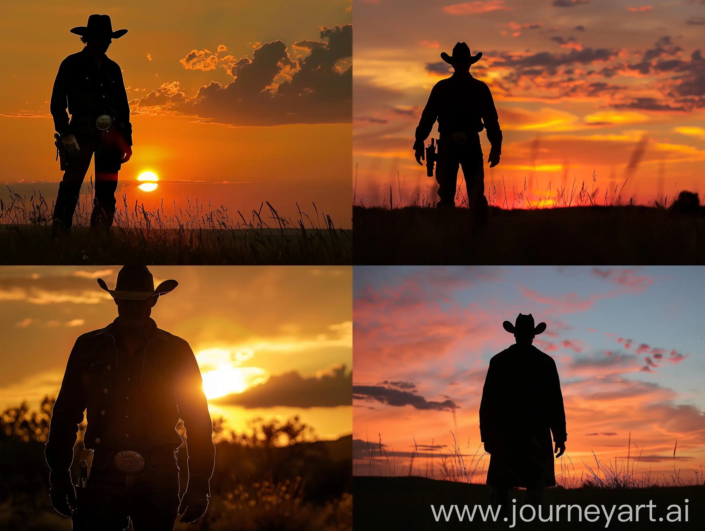 一个牛仔在夕阳下，可以看到剪影，电影镜头