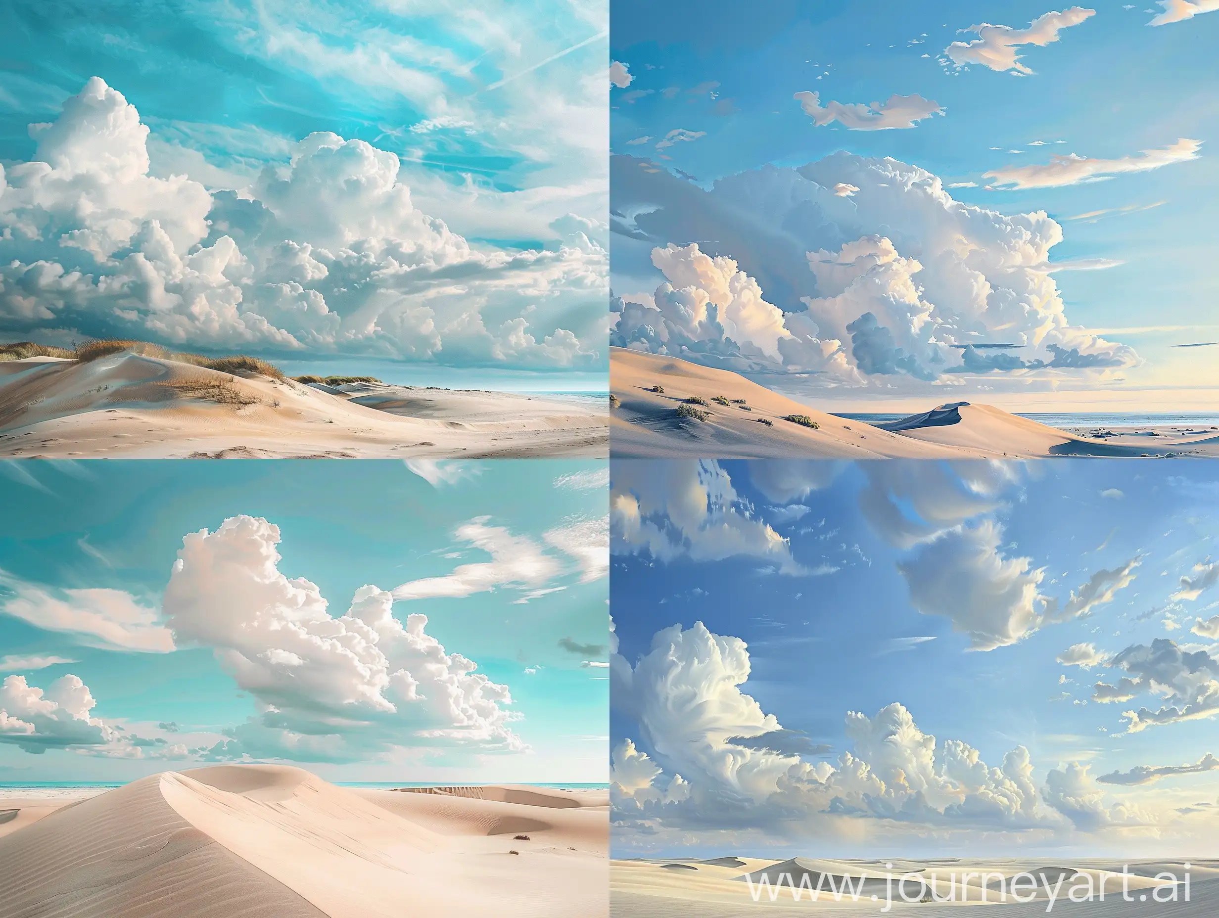 photo of the peaceful and serene beauty of sand dunes with large cumulus clouds and a beautiful blue sky. Using muted colors creates a feeling of harmony and relaxation. The low horizon gives the painting a sense of immensity, creating a sense of immersion in the scene. sophistication, tranquility, calm neutral colors, highest quality photos, no filters, 4k