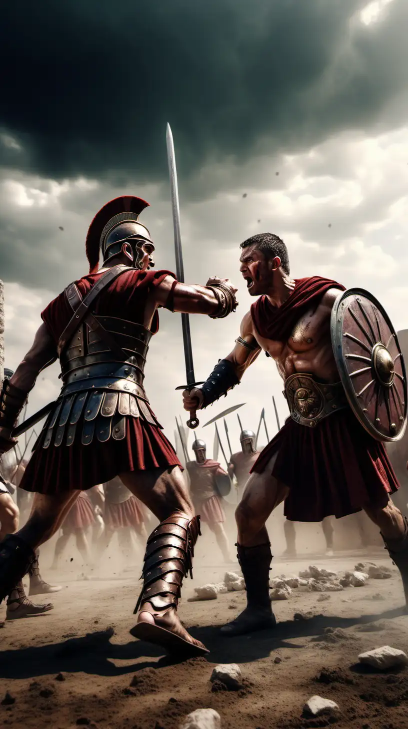 create a image of spartacus fighting with a roman soldier on the battle field.with side view of the clash.  he must be armed with a sword, his face must look tired and angry but showing power and courage.  wide view 4k