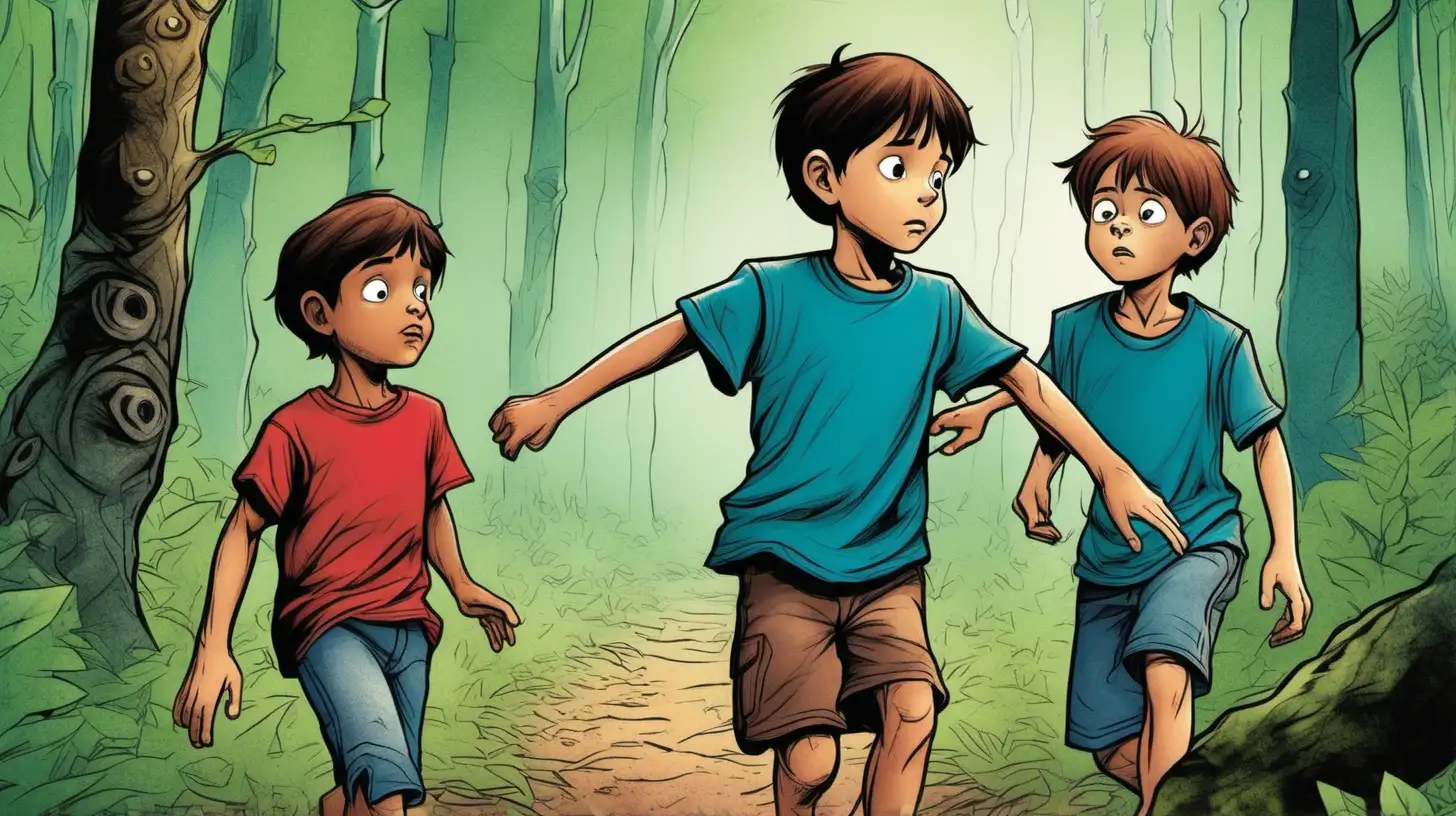 illustrate ten years old three boys, one of them wearing green shirt the other one wearing red t-shirt and other wearing blue shirt, in the magical forest, closeup, Two children are pulling a ten-year-old brown-haired boy wearing a blue T-shirt, they are sad