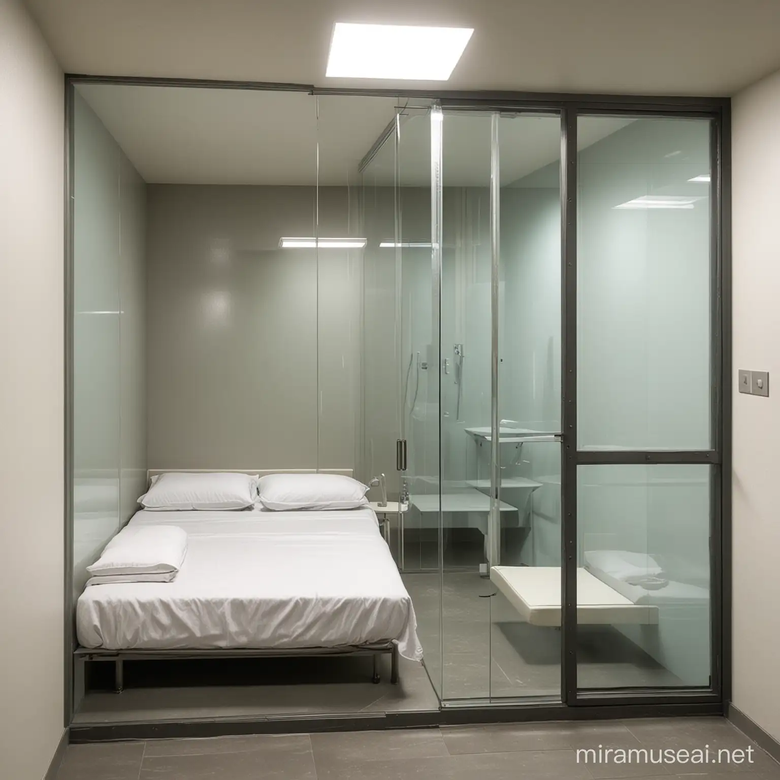 Una celda de prision con un muro de cristal rodeando la pared con una cama dentro de ella