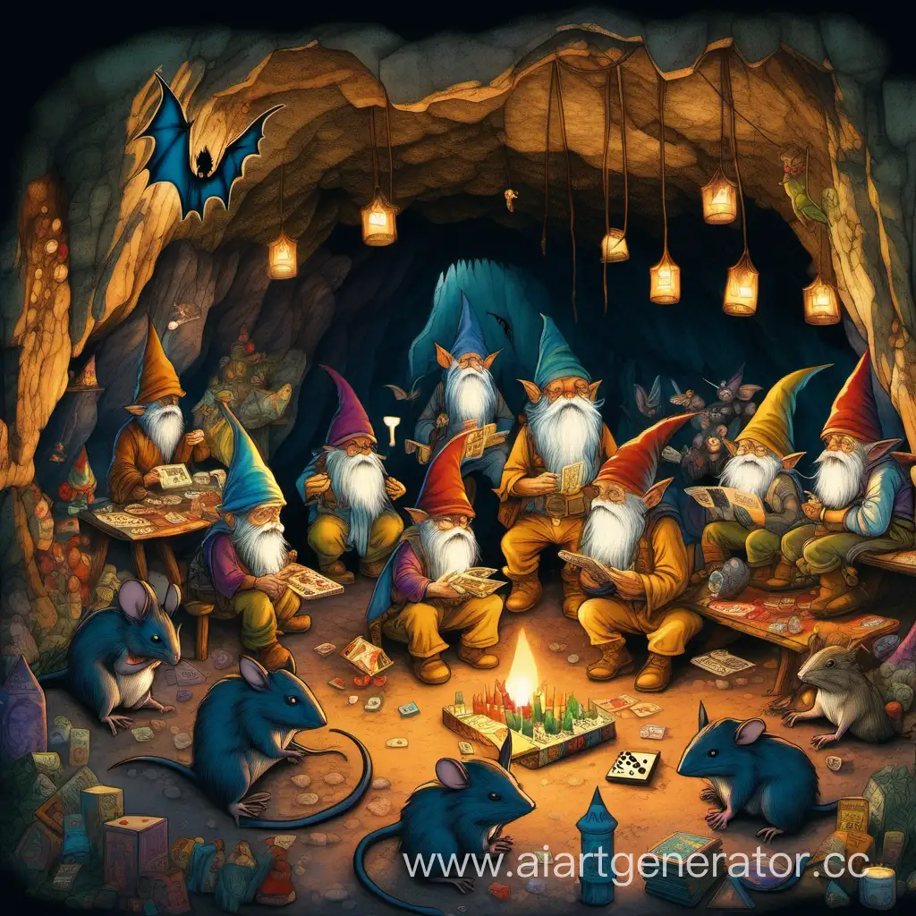 Хиппи сидят в пещере, освещённой свечами, инграют в настольную игру, в пещере стоят палатки, под столом и по углам бродят гномики и крысы, сверху летают летучие мыши