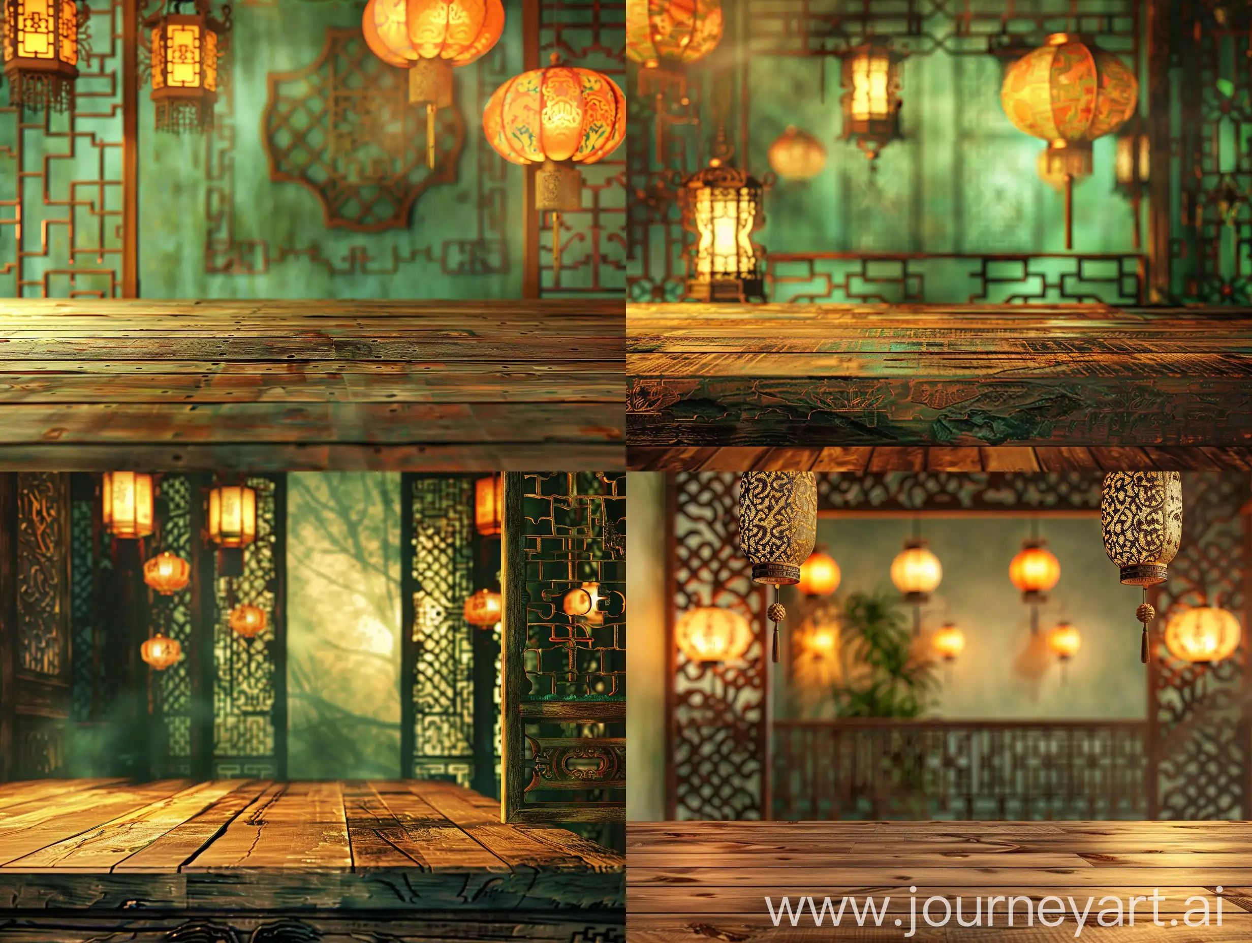 деревянный стол, на фоне китайские фонарики, декоративная решетка , все в китайском стиле, в зеленовато коричне охристых тонах, гиперреализм